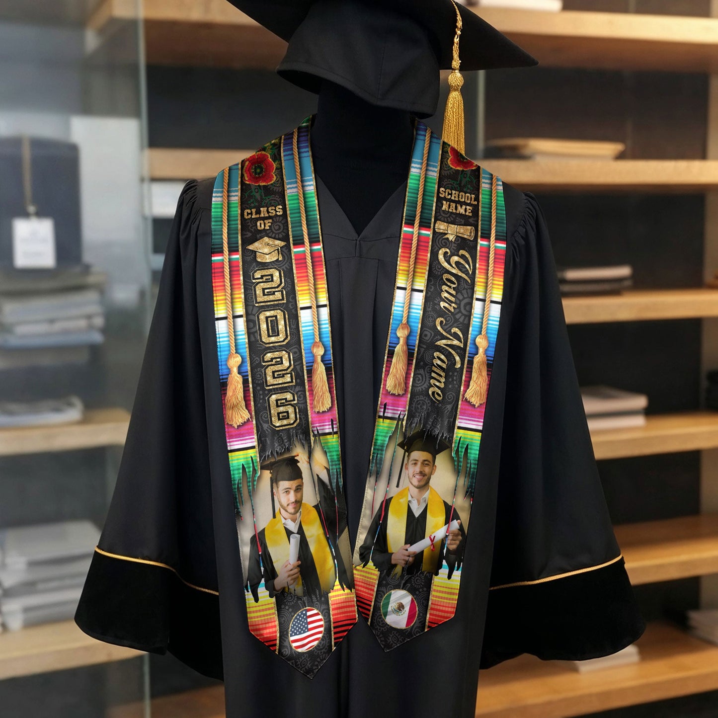 Custom Photo Mexican Graduation Stole 2026 Aztec Serape Rose USA Mexico Flag Sash