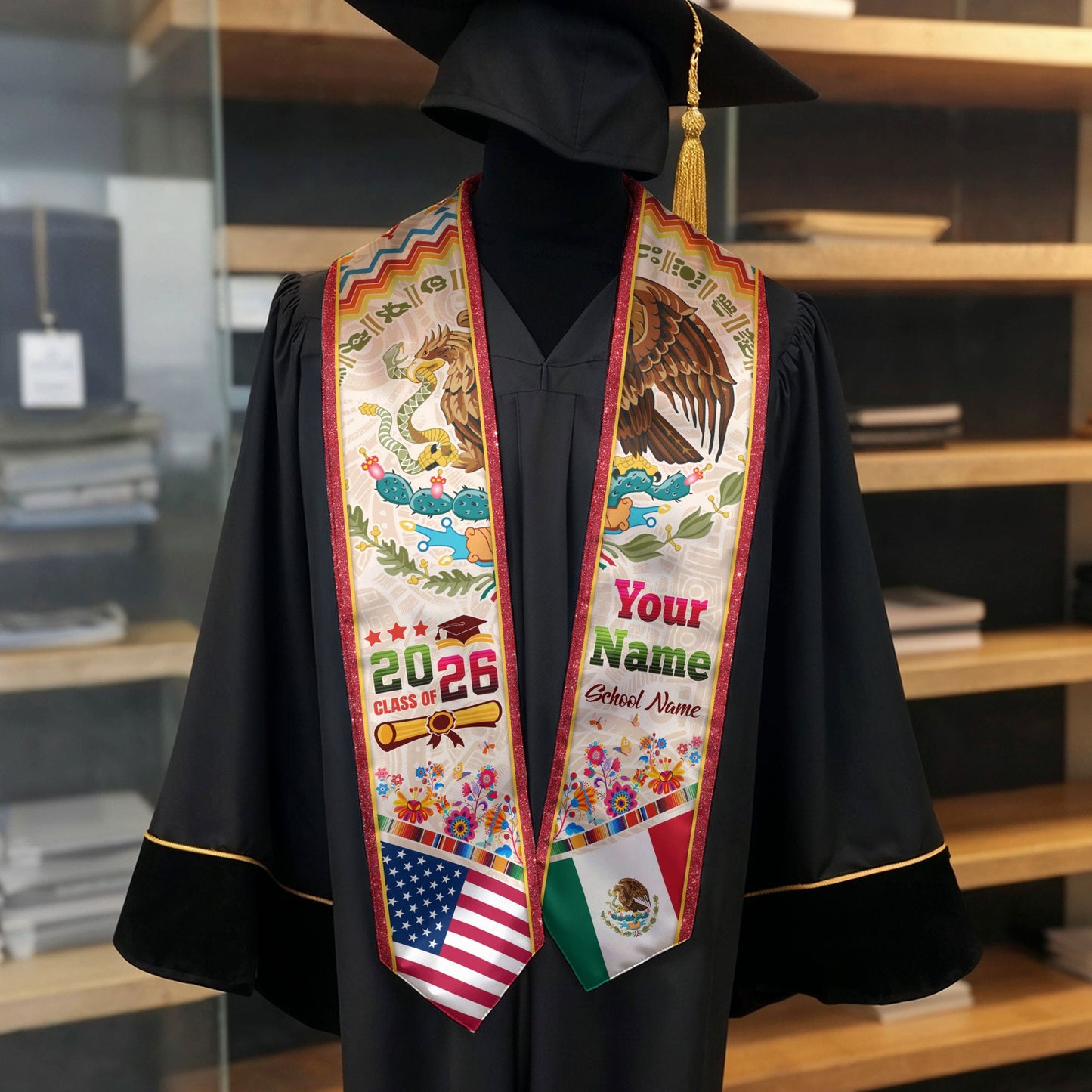 Personalized 2026 Graduation Stole – USA & Mexico Eagle Heritage Senior Sash with Serape Pattern Design