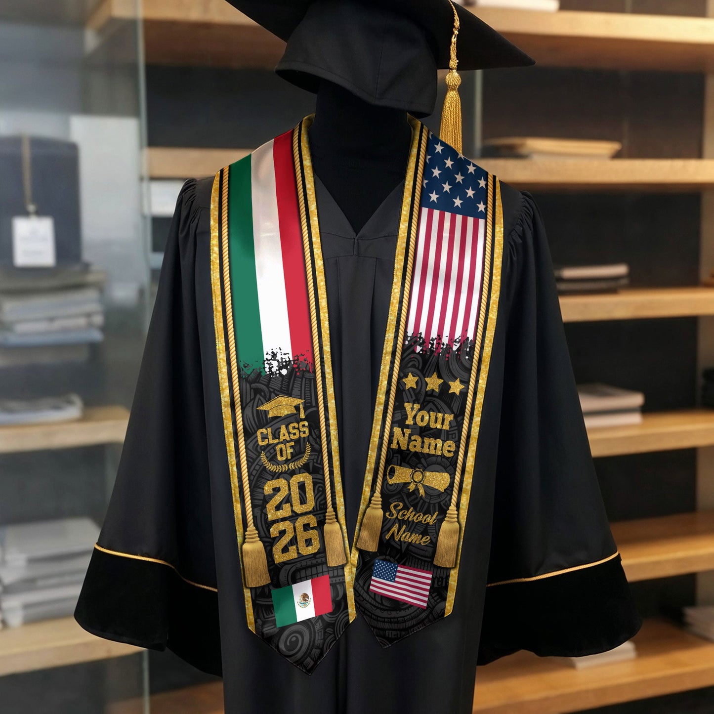 Custom USA & Mexico Flag Graduation Stole 2026 – Personalized Class of 2026 Senior Sash with Gold Tassel Design
