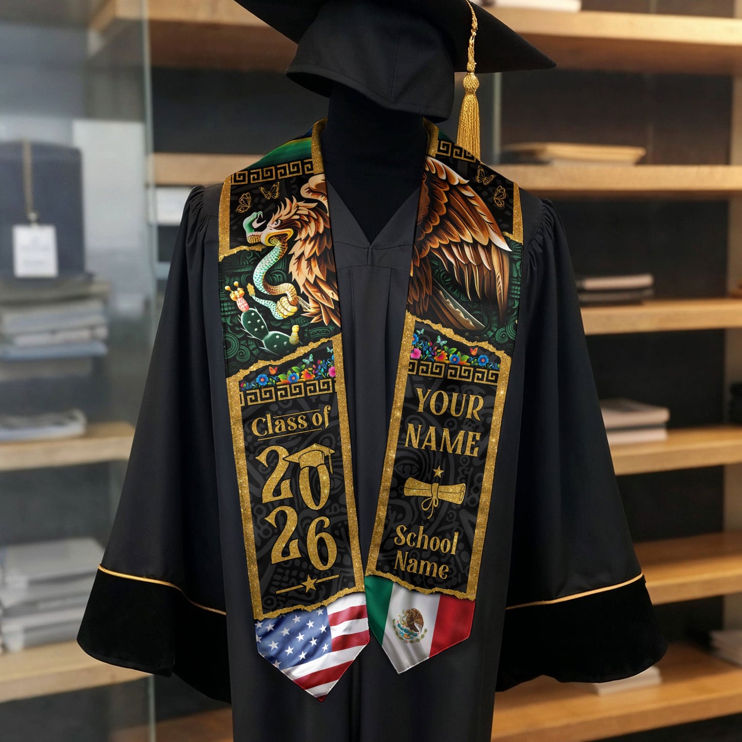 Custom Mexican Graduation Stole Mexico USA Flag Aztec Eagle Serape Gold Class 2026