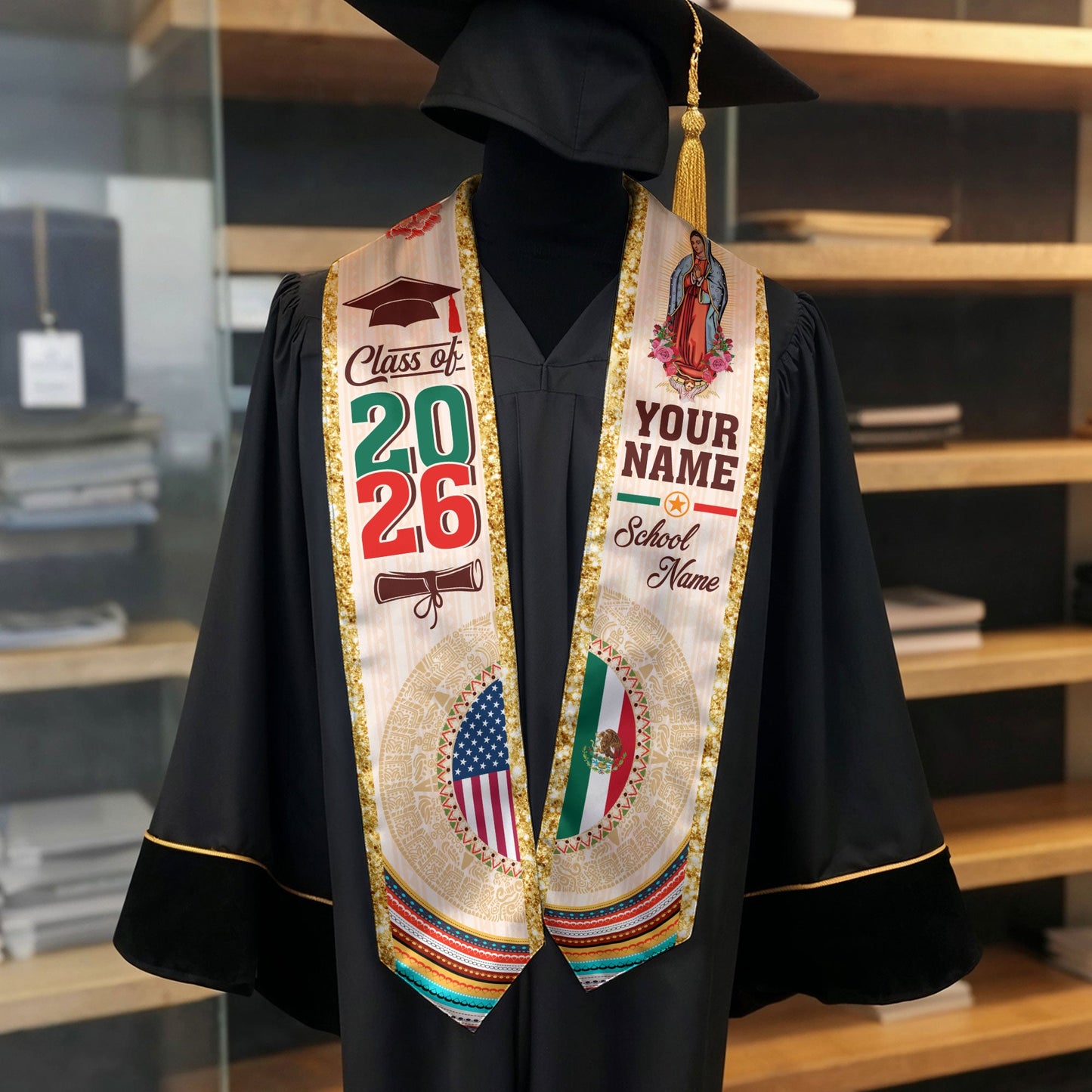 Custom Mexican Graduation Stole Aztec Calendar Virgin Mary USA Mexico Flag 2026