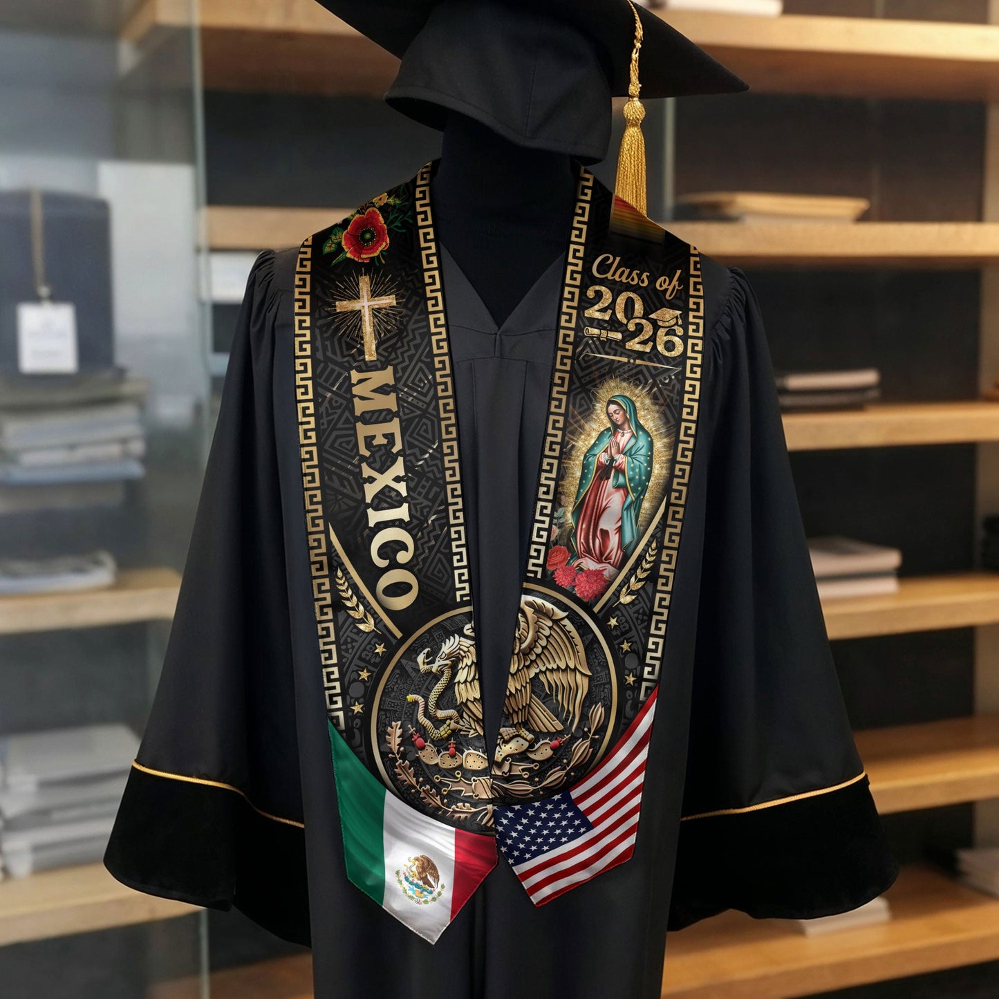 Mexican Graduation Stole Class of 2026 Aztec Eagle Cross Virgin Mary Mexico USA Flag Sash