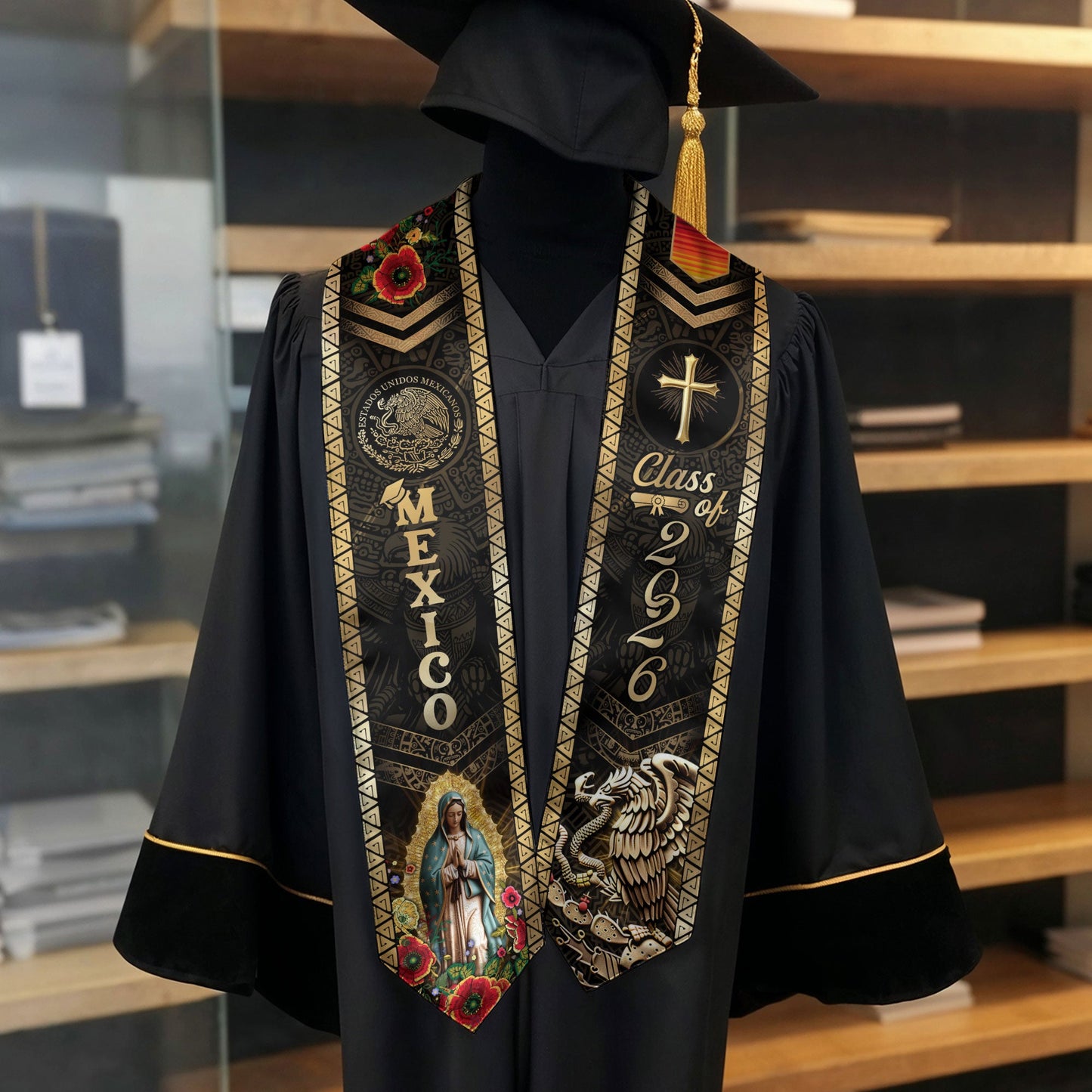 Mexican Graduation Stole Class of 2026 Aztec Eagle Cross Virgin Mary Floral Mexico Sash