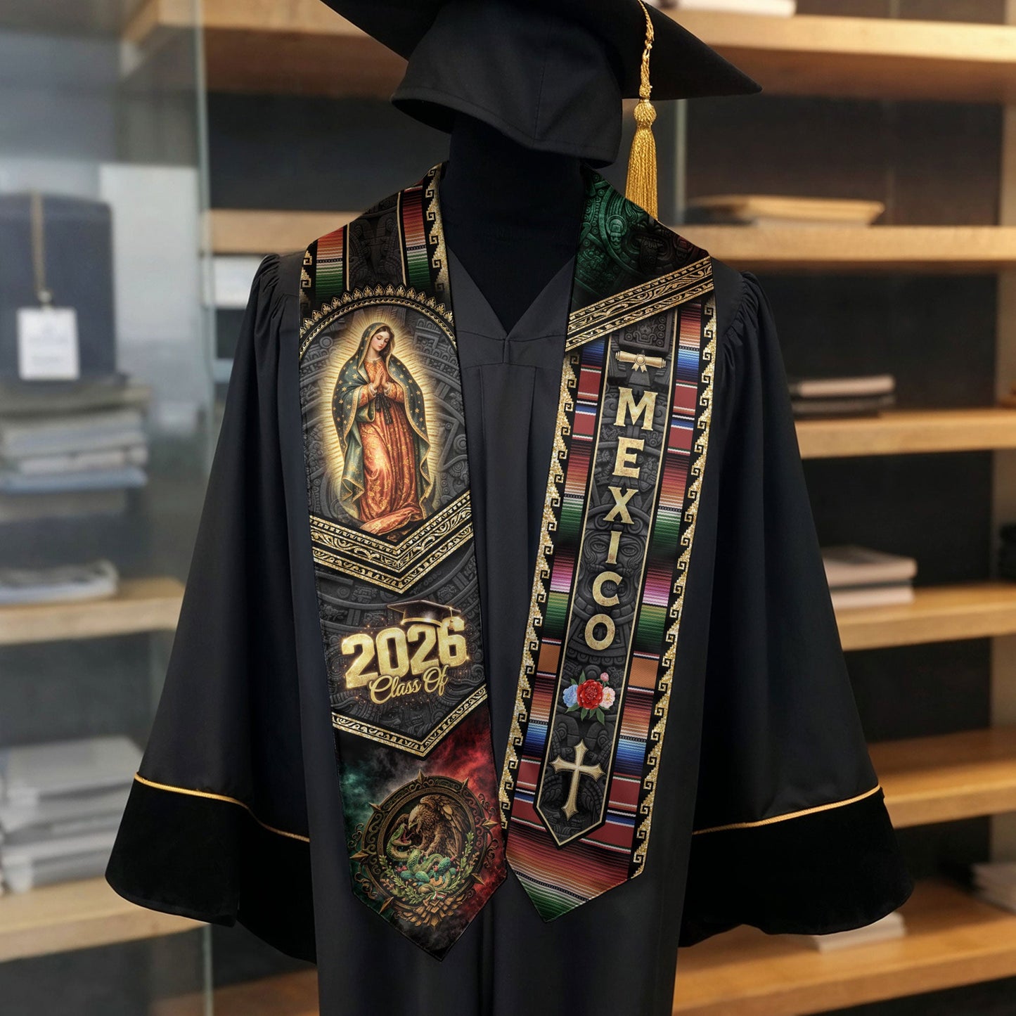 Mexican Graduation Stole Class of 2026 Aztec Virgin Mary Eagle Cross Serape Mexico Flag Sash
