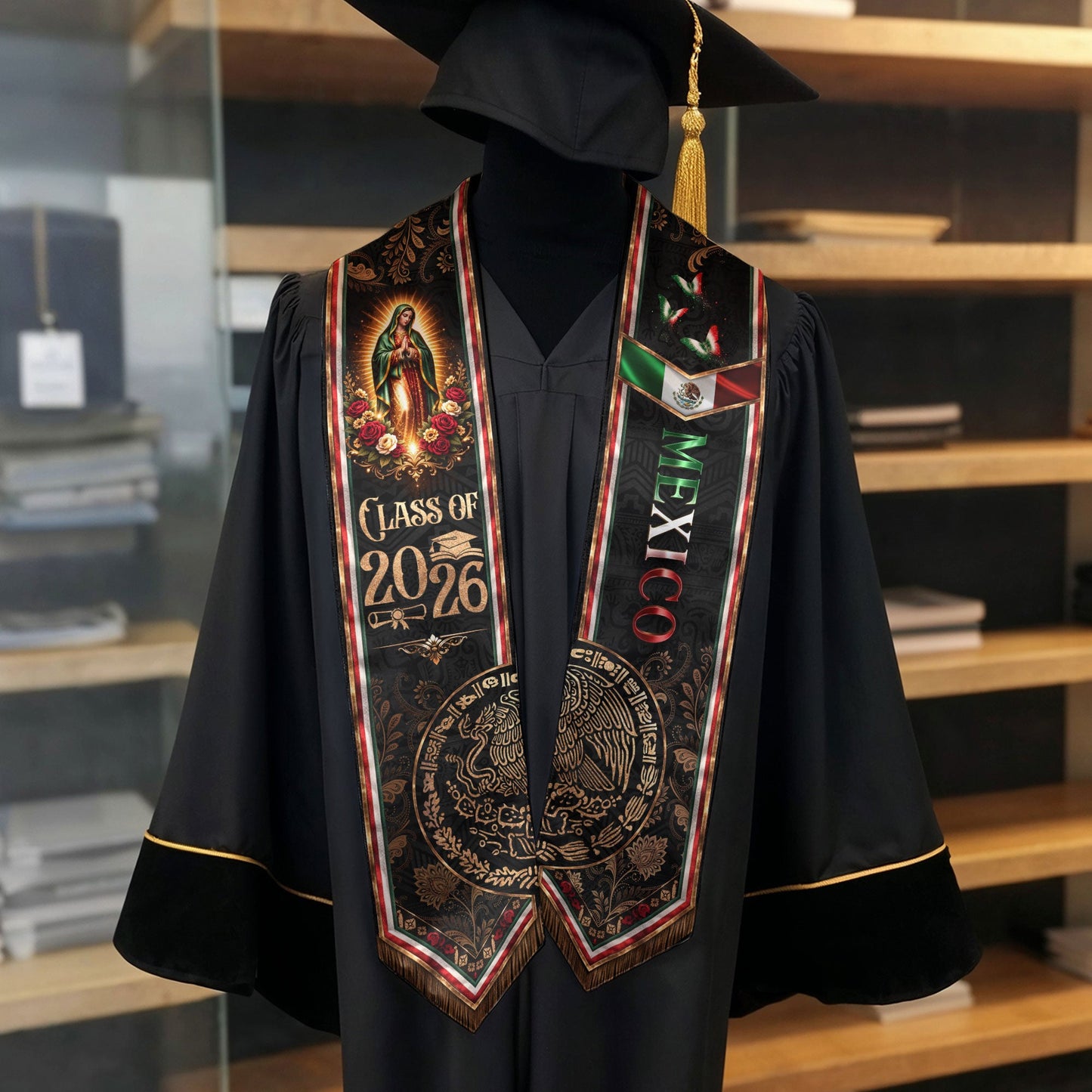 Class of 2026 Graduation Stole Mexico Guadalupe Premium Elegant Hispanic Sash Gift