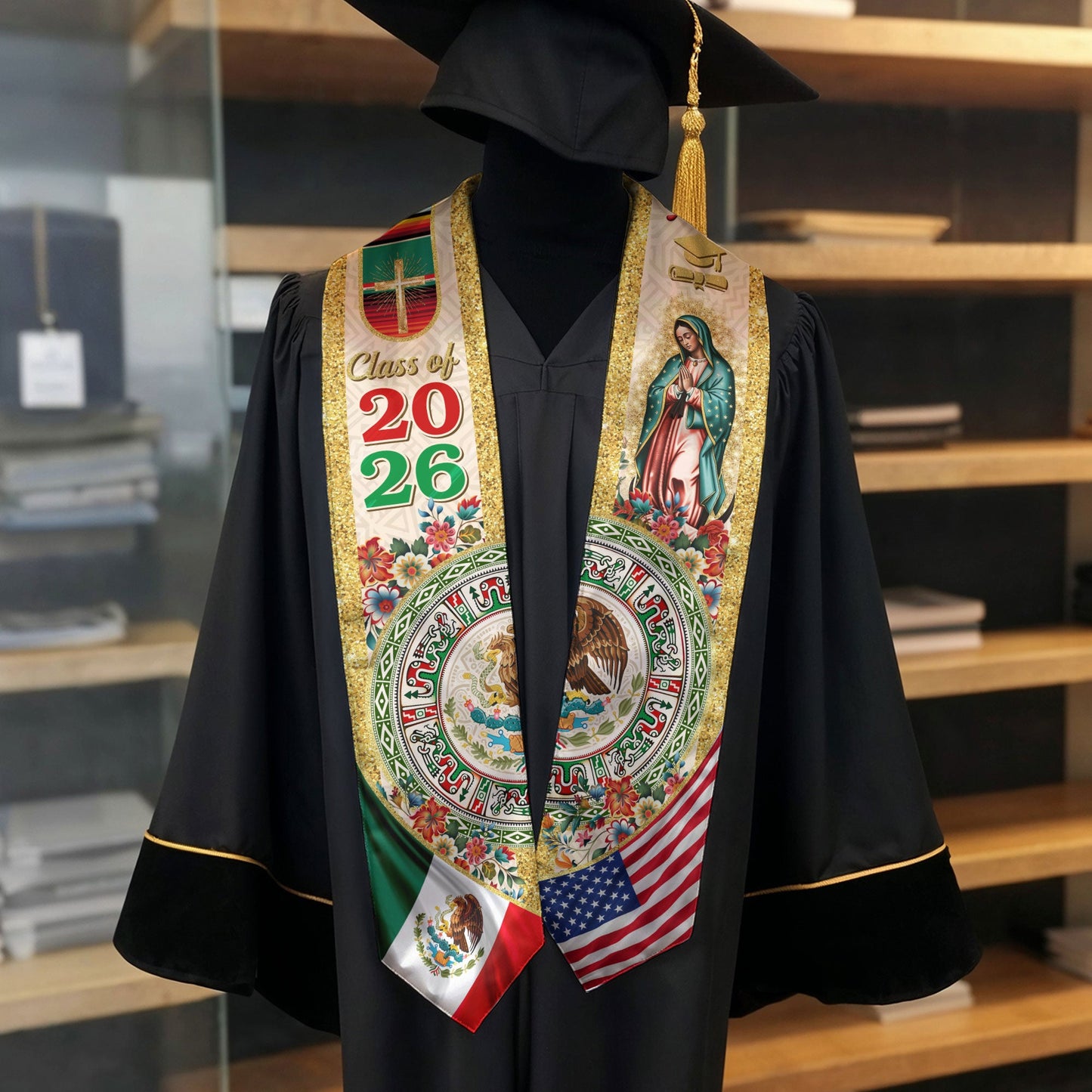 Mexico Graduation Stole Class of 2026 – Virgen De Guadalupe Mexican Flag Sash