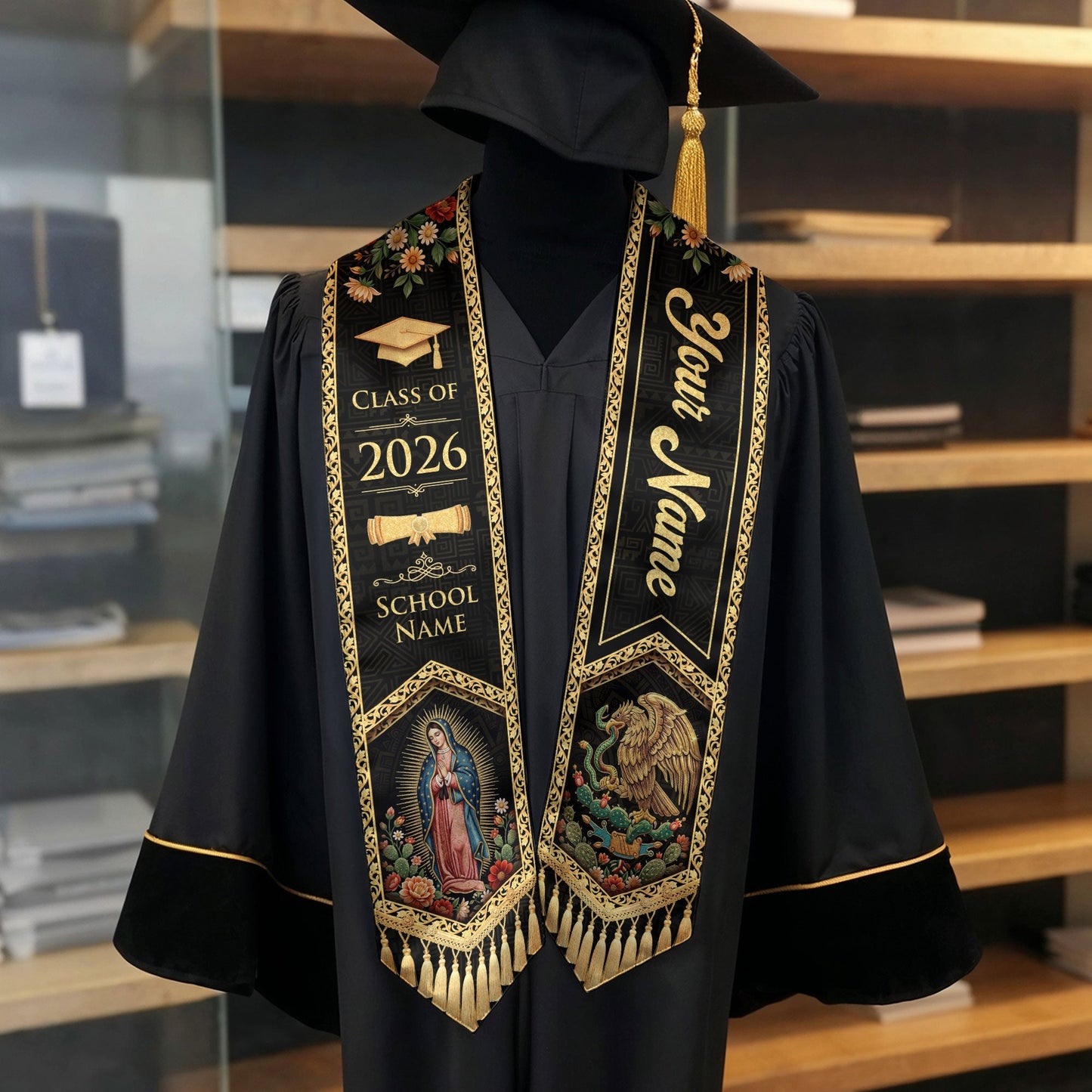 Mexico Graduation Stole Custom Name Class of 2026 Virgin Mary Aztec Eagle Heritage Sash