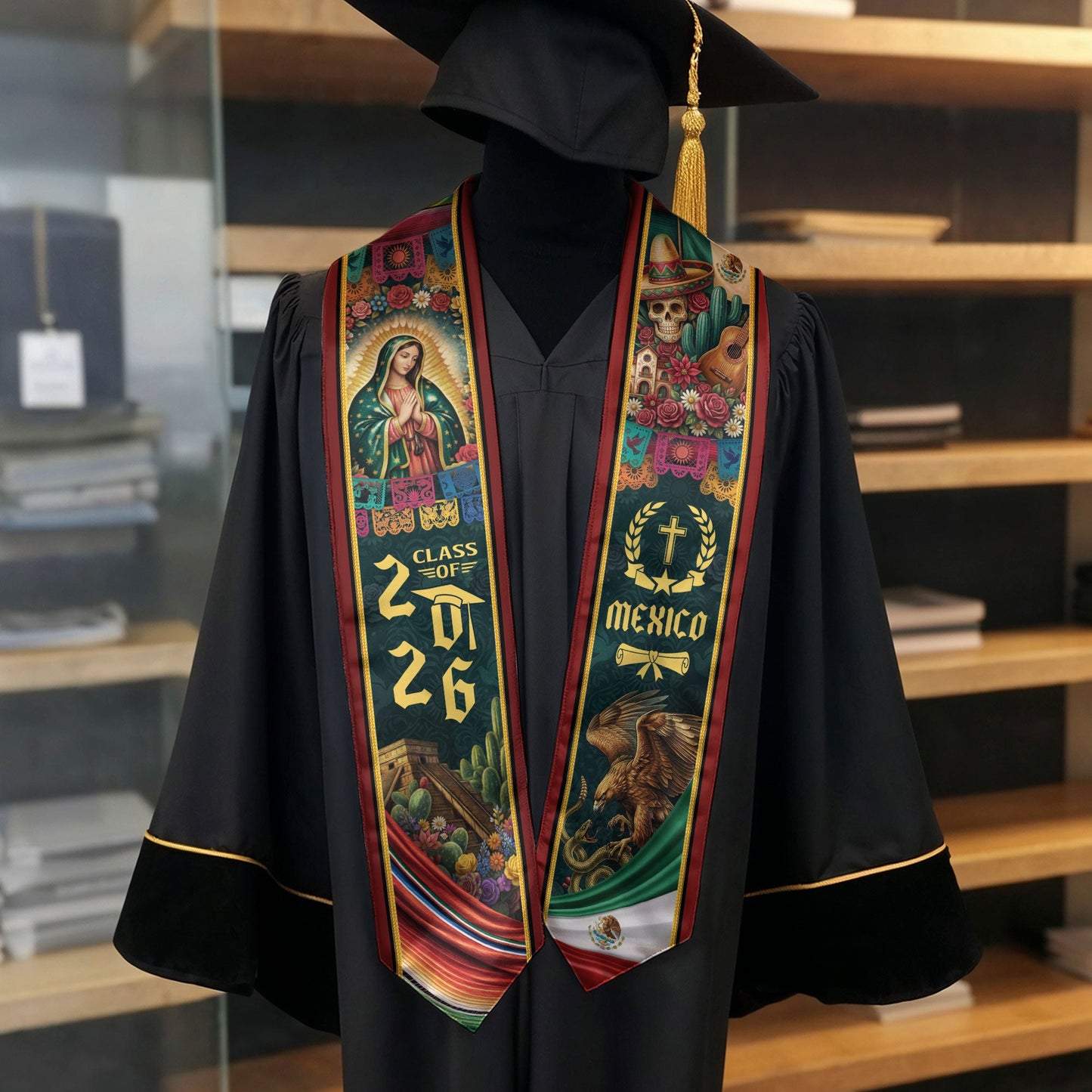 Mexico Graduation Stole 2026 Virgen de Guadalupe Sugar Skull Serape Cultural Design