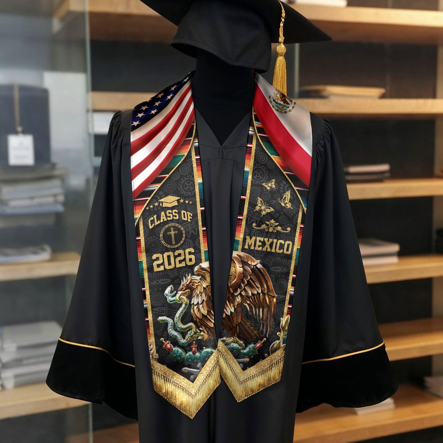 Mexico USA Graduation Stole Class of 2026 - Virgin Mary Dual Flag Heritage Sash