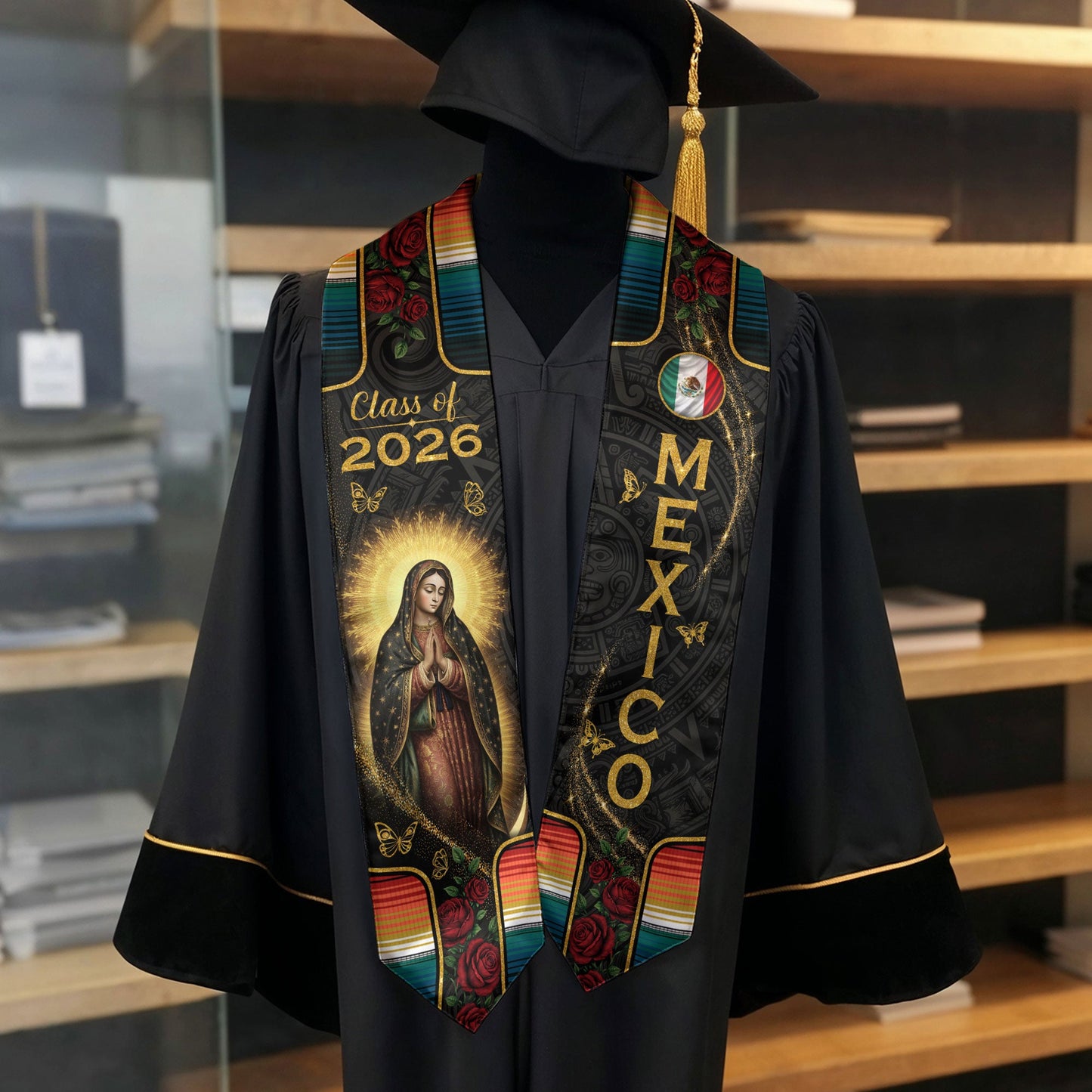 Mexico Graduation Stole 2026 - Floral Gold Cross Heritage Serape Sash