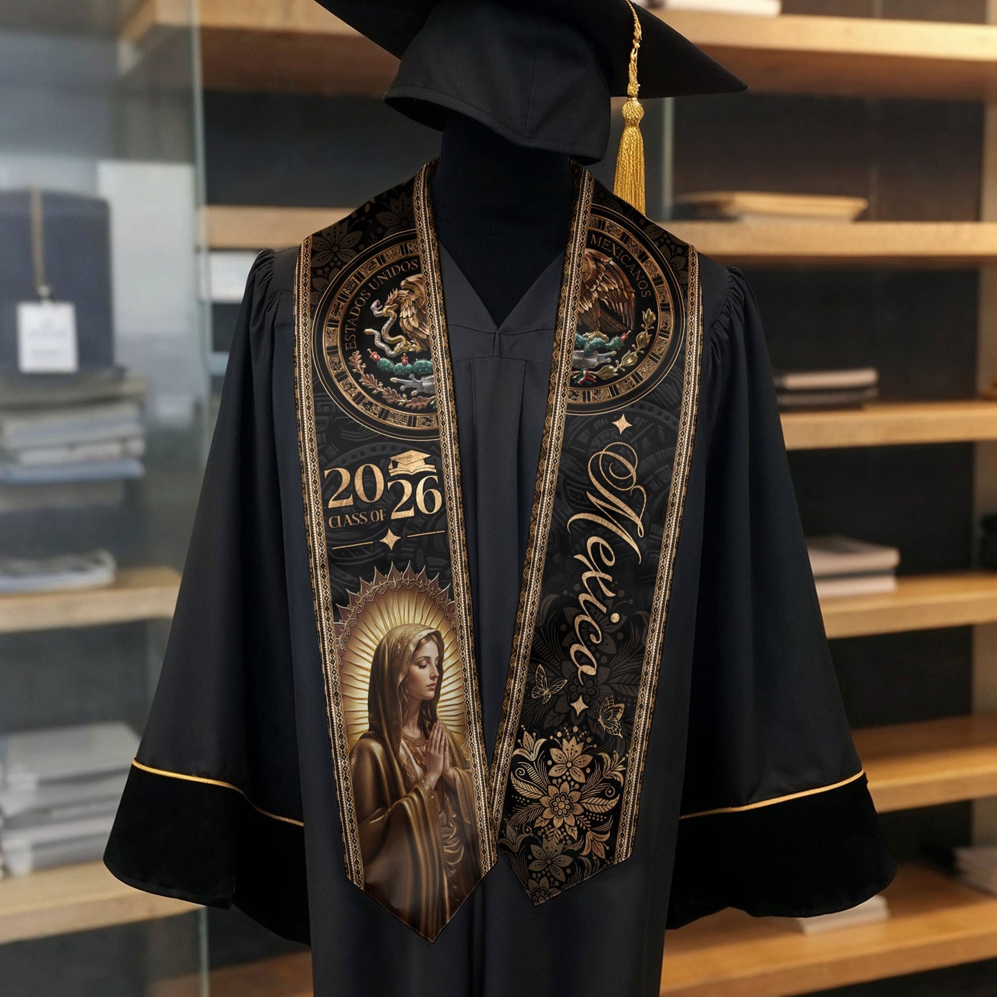 Mexico Graduation Stole Class of 2026 Virgin Mary Guadalupe Black Gold Gift Sash