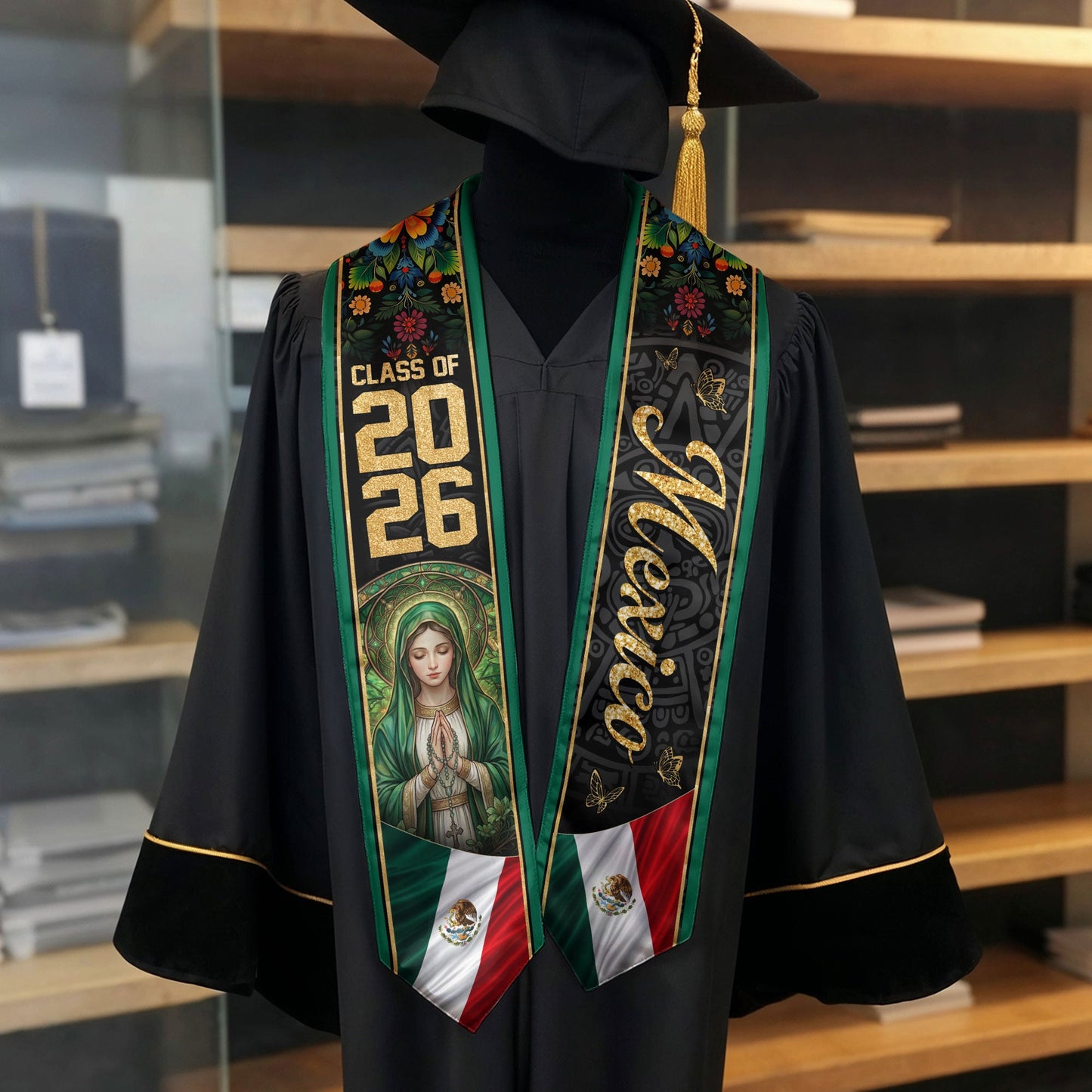 Mexico Graduation Stole 2026 Virgin Mary Floral Green Heritage Sash Gift
