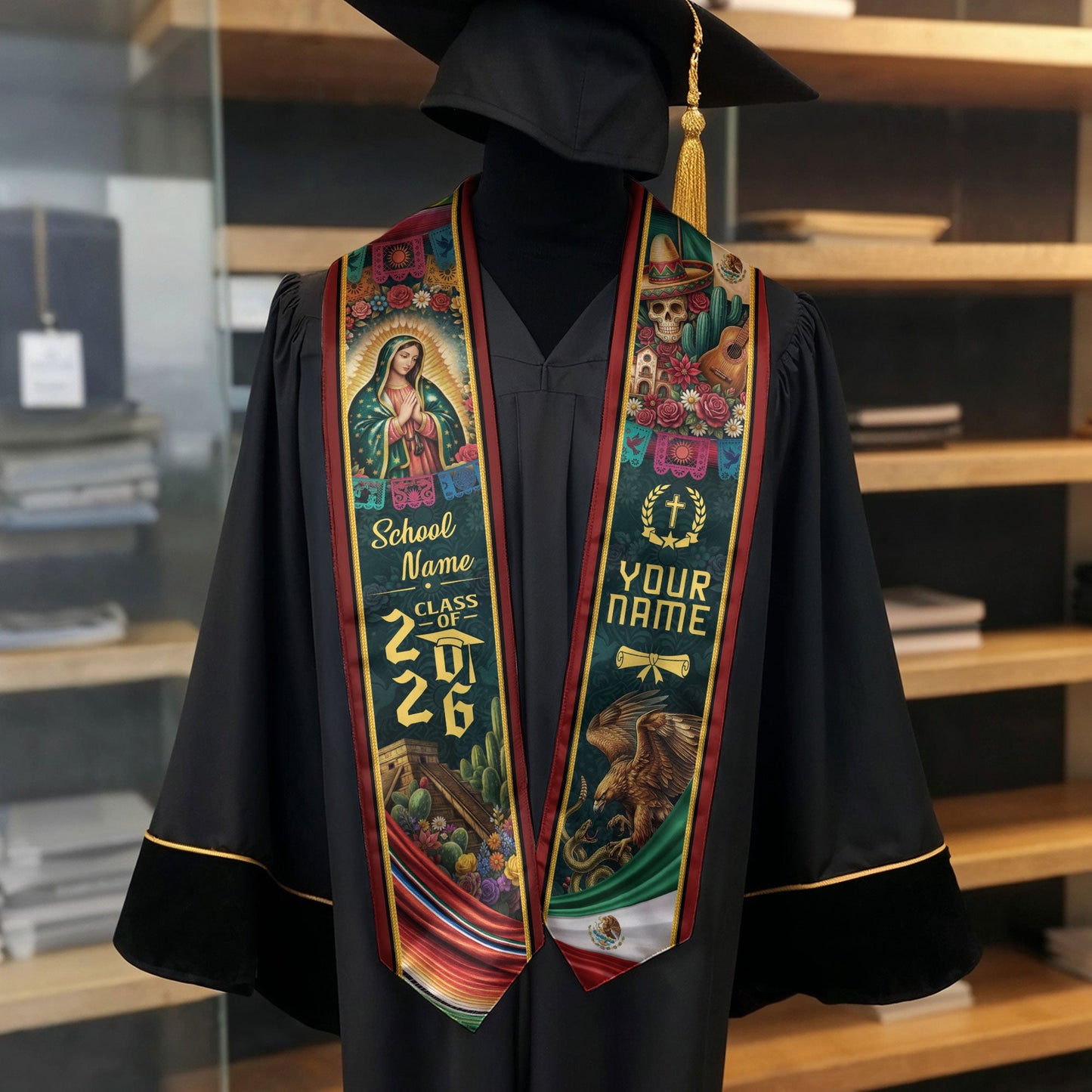 Custom Mexico Graduation Stole 2026 - Sugar Skull, Guitar & Guadalupe Heritage Sash