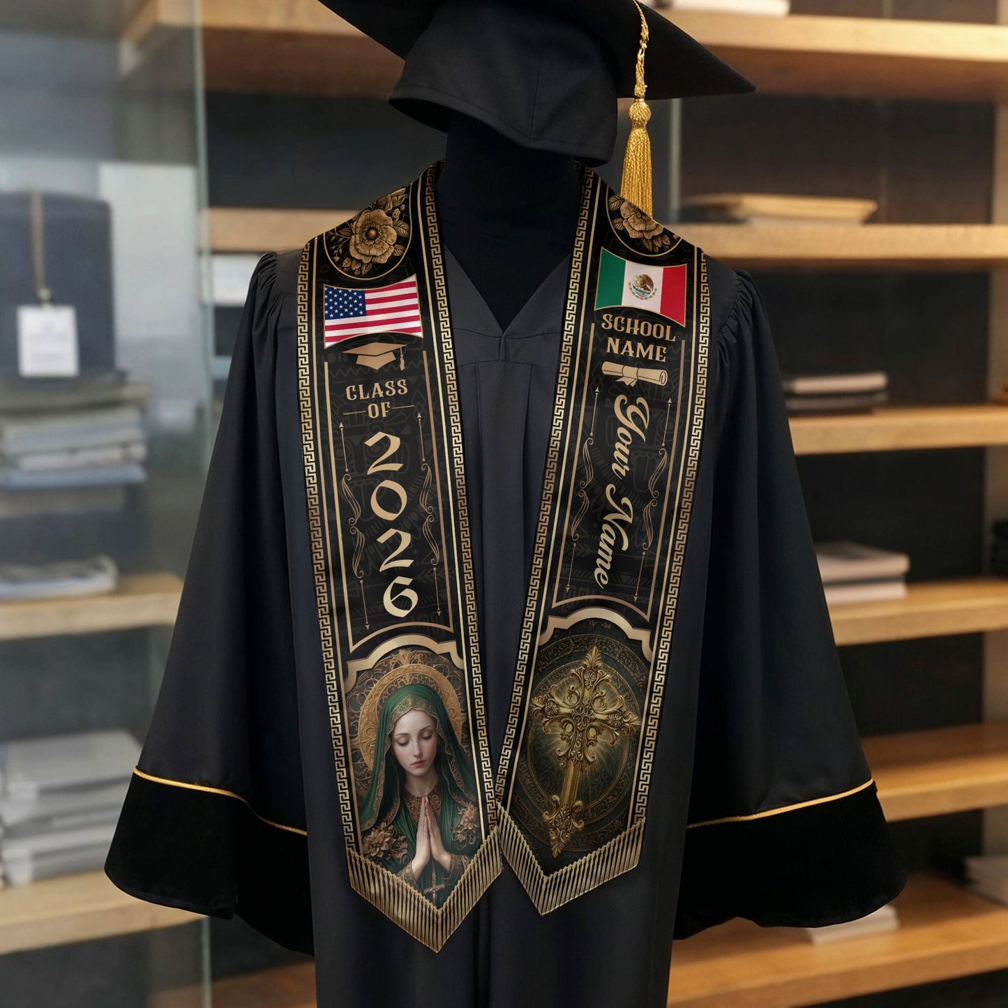 Custom Mexico Graduation Stole 2026 Virgin Mary Cross Mexican US Flag Gold Greek Sash