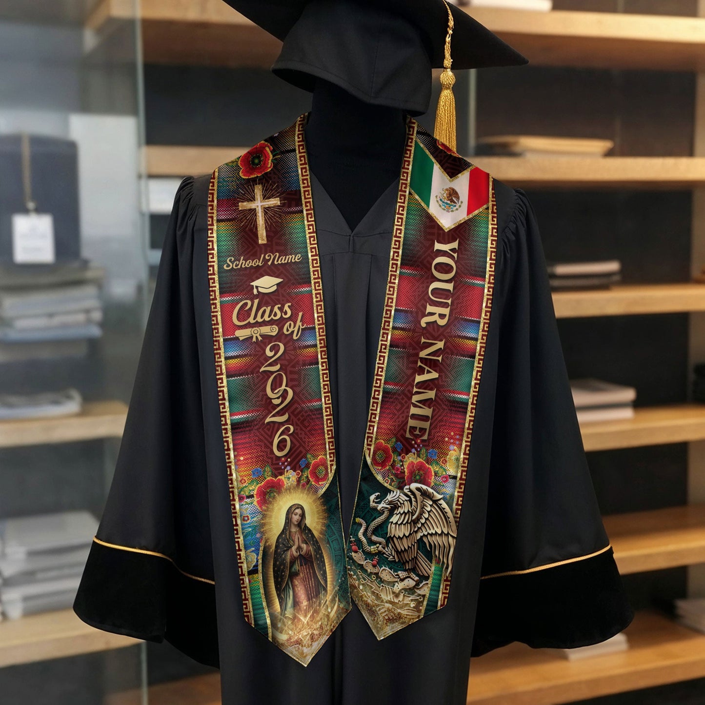 Custom Mexican Heritage Graduation Stole 2026 Virgin Mary Serape Eagle Sash