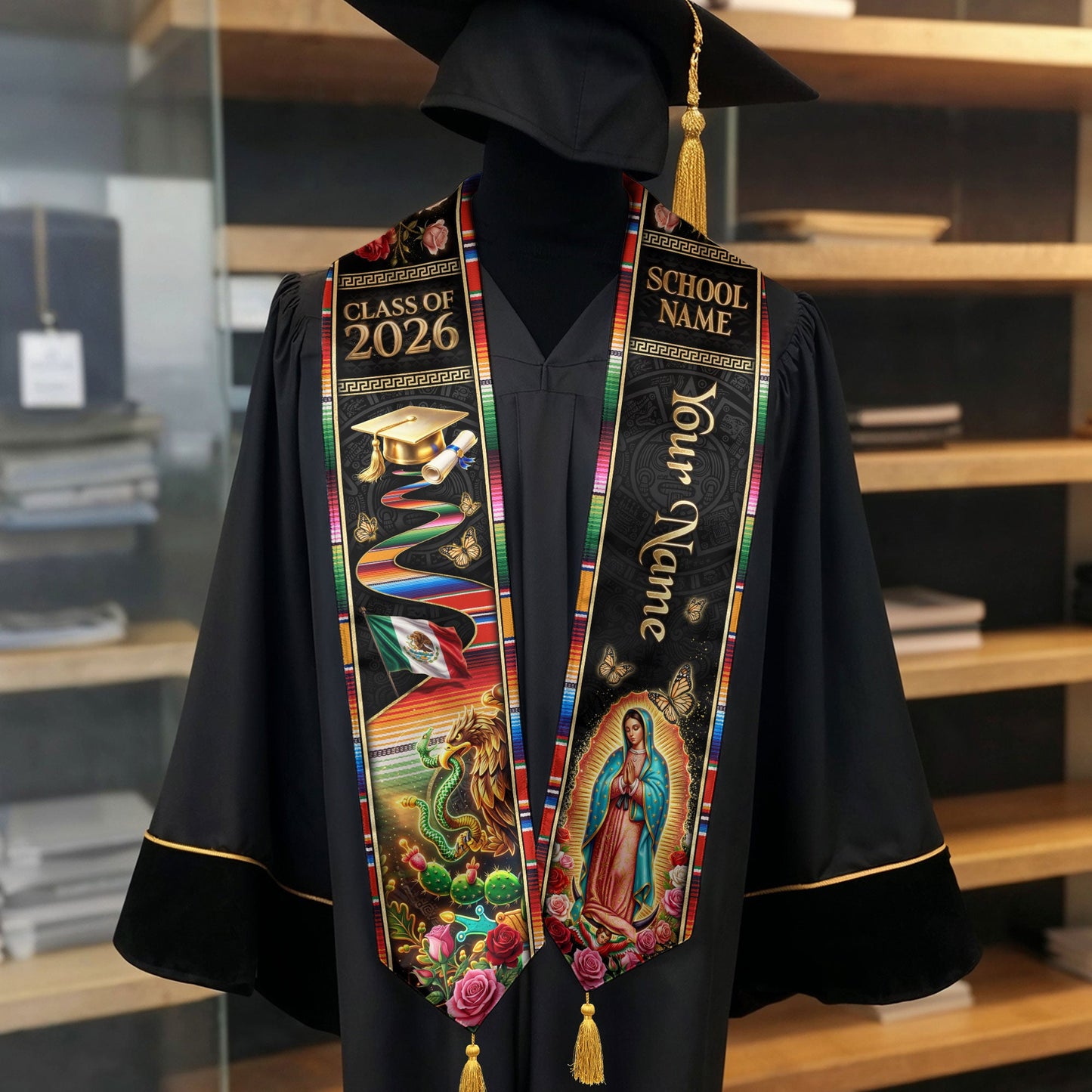 Custom Mexico Graduation Stole 2026 Tassels Virgin Mary Eagle Serape Sash