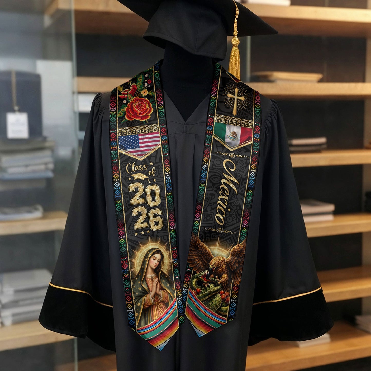 Mexico Graduation Stole Class of 2026 Eagle and Snake Virgin Mary Mexican USA Flag Sash