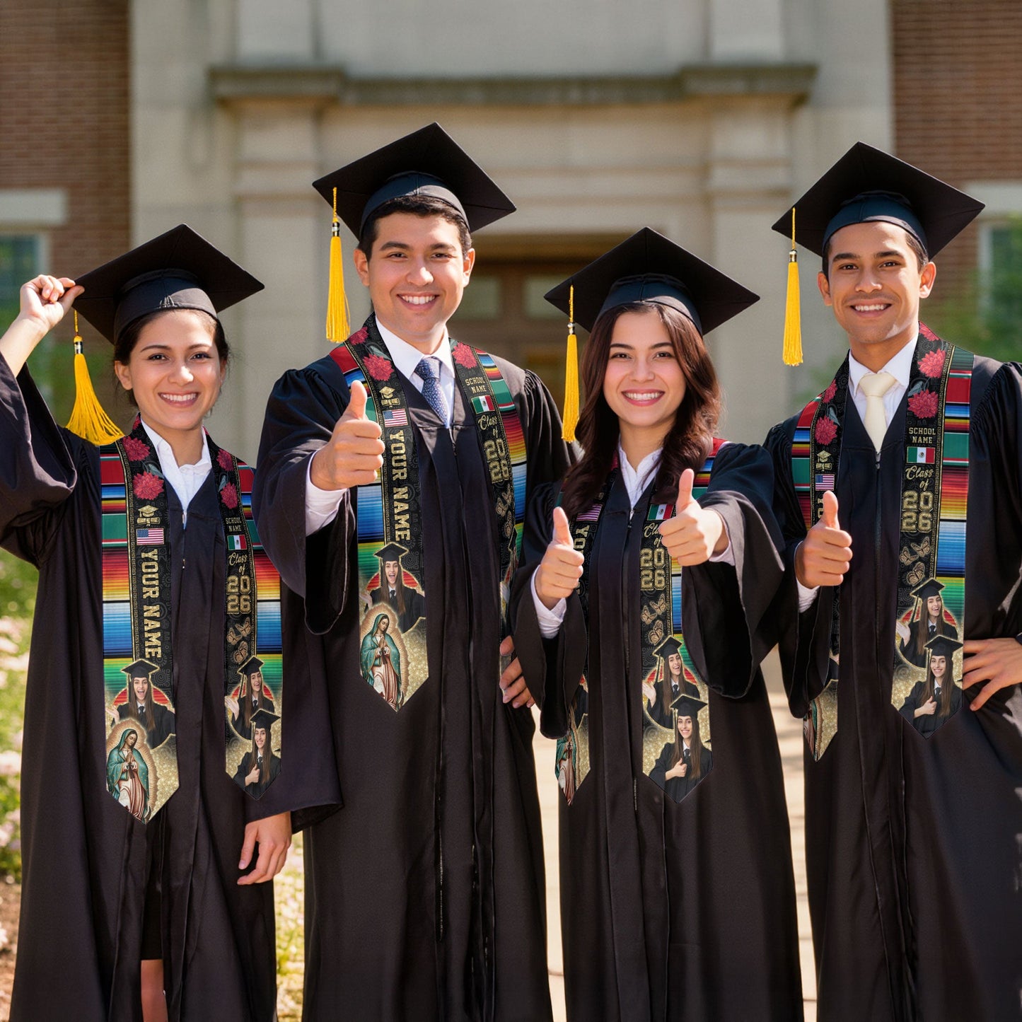 Graduation Stole Mexican with Aztec Patterns Serape USA & Mexico Flag Custom Photo Sash 2026