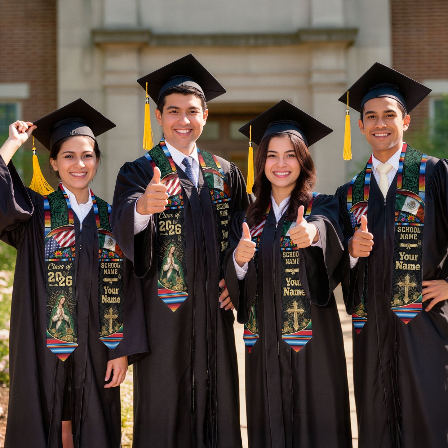 Custom Virgen de Guadalupe Class of 2026 Graduation Stole – USA & Mexico Flag Personalized Senior Sash