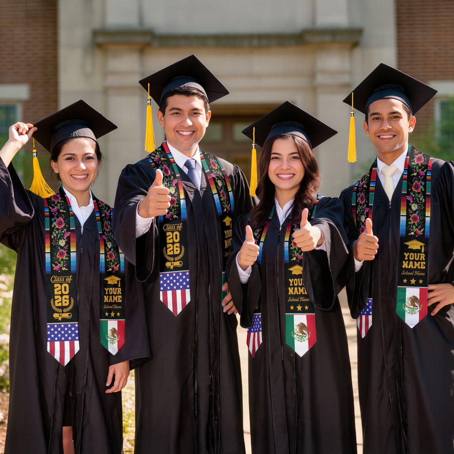 Custom Mexican Graduation Stole Mexico USA Flag Serape Floral Class 2026