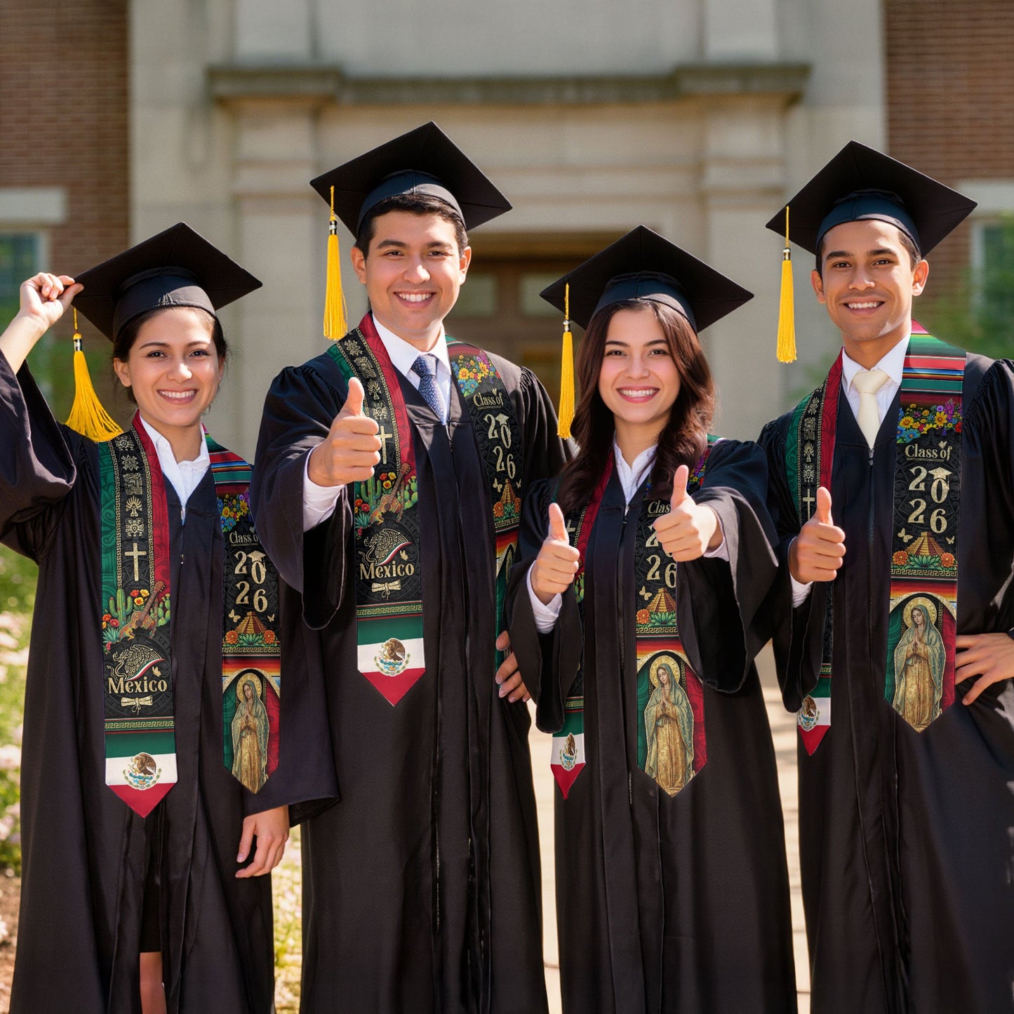 Mexico Graduation Stole 2026 Virgen de Guadalupe Cross Cactus Guitar Aztec Cultural Design