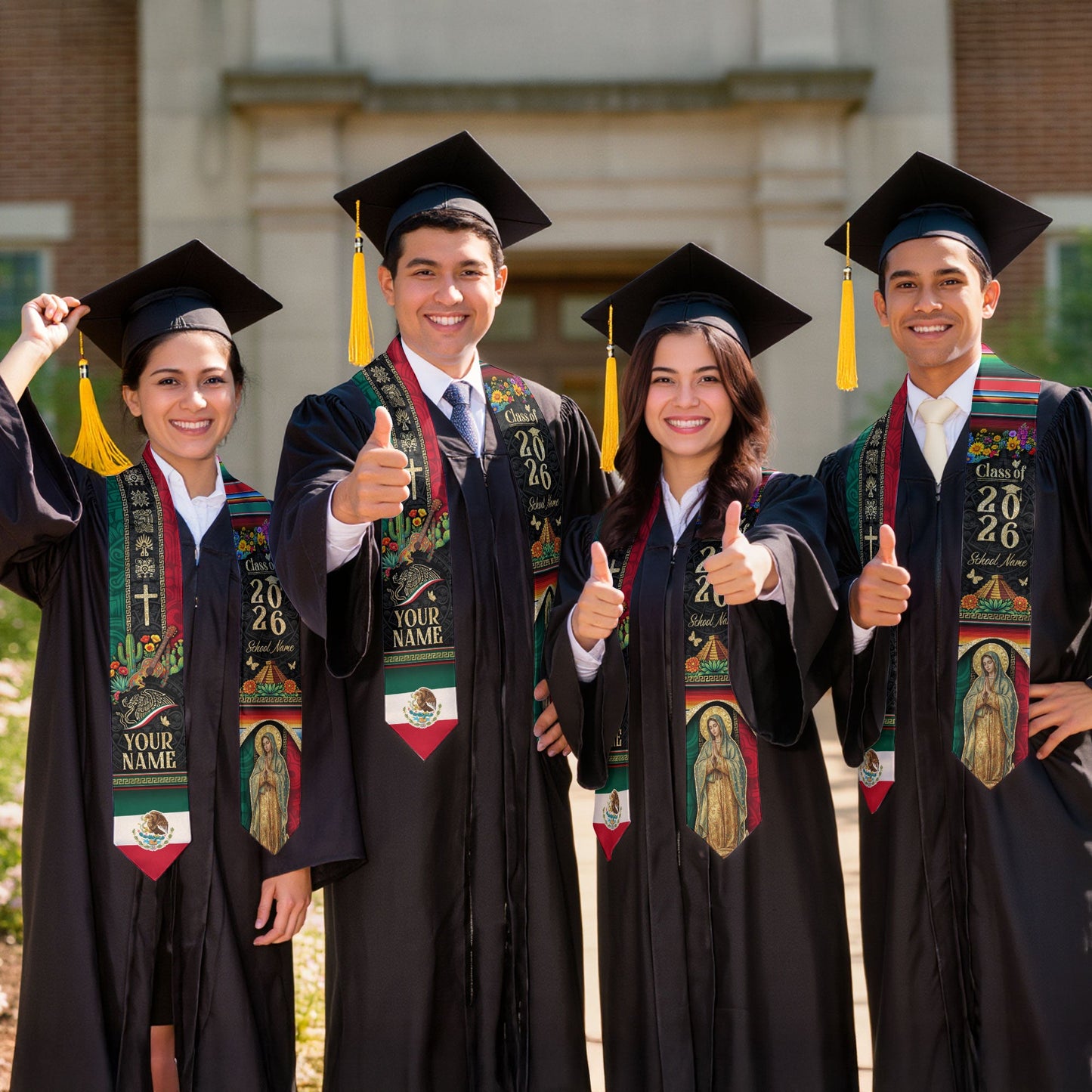 Personalized Mexican Graduation Stole 2026 - Aztec Pyramid & Guitar Heritage Sash