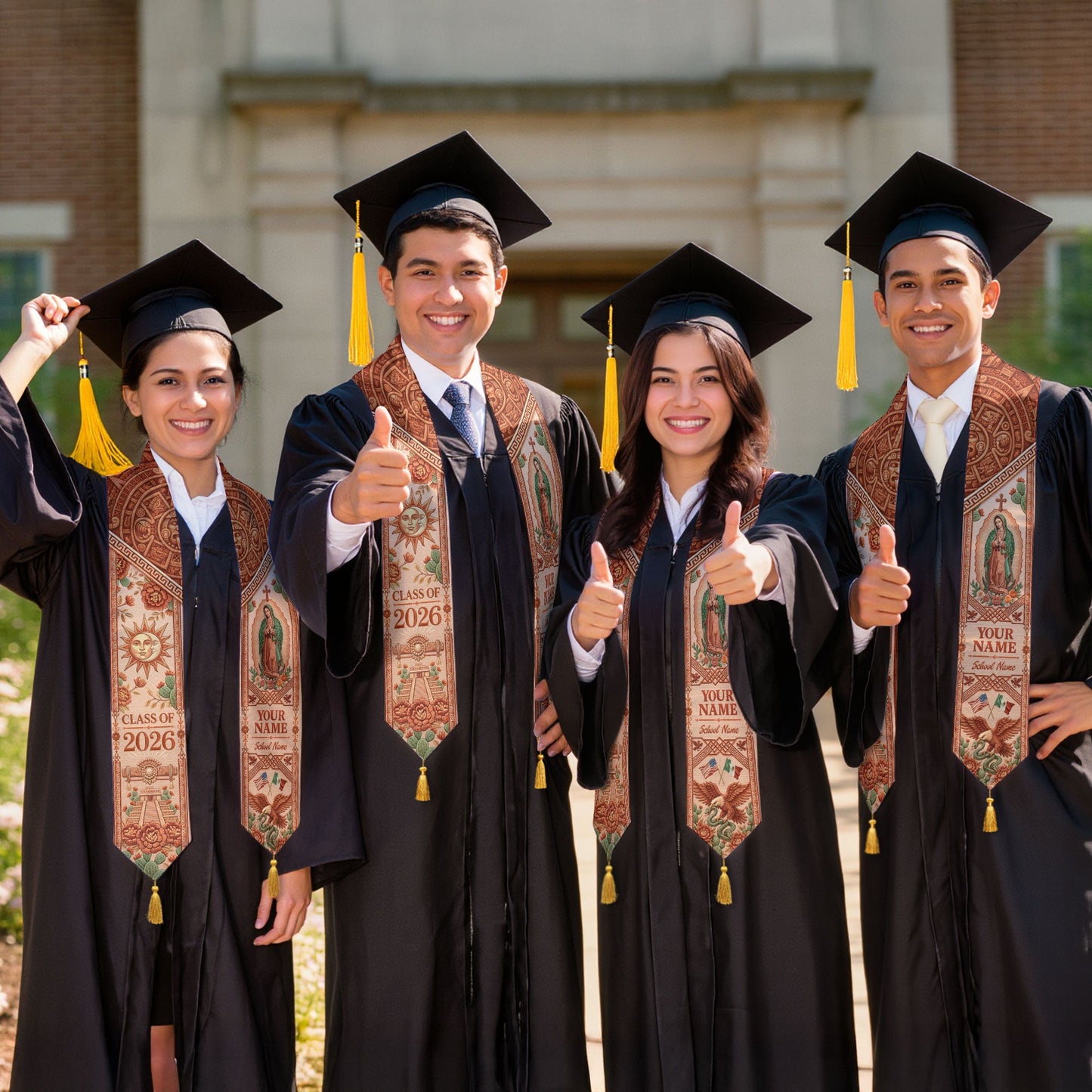 Personalized Mexico Graduation Stole 2026 Tassels Virgin Mary Terracotta Aztec Sash
