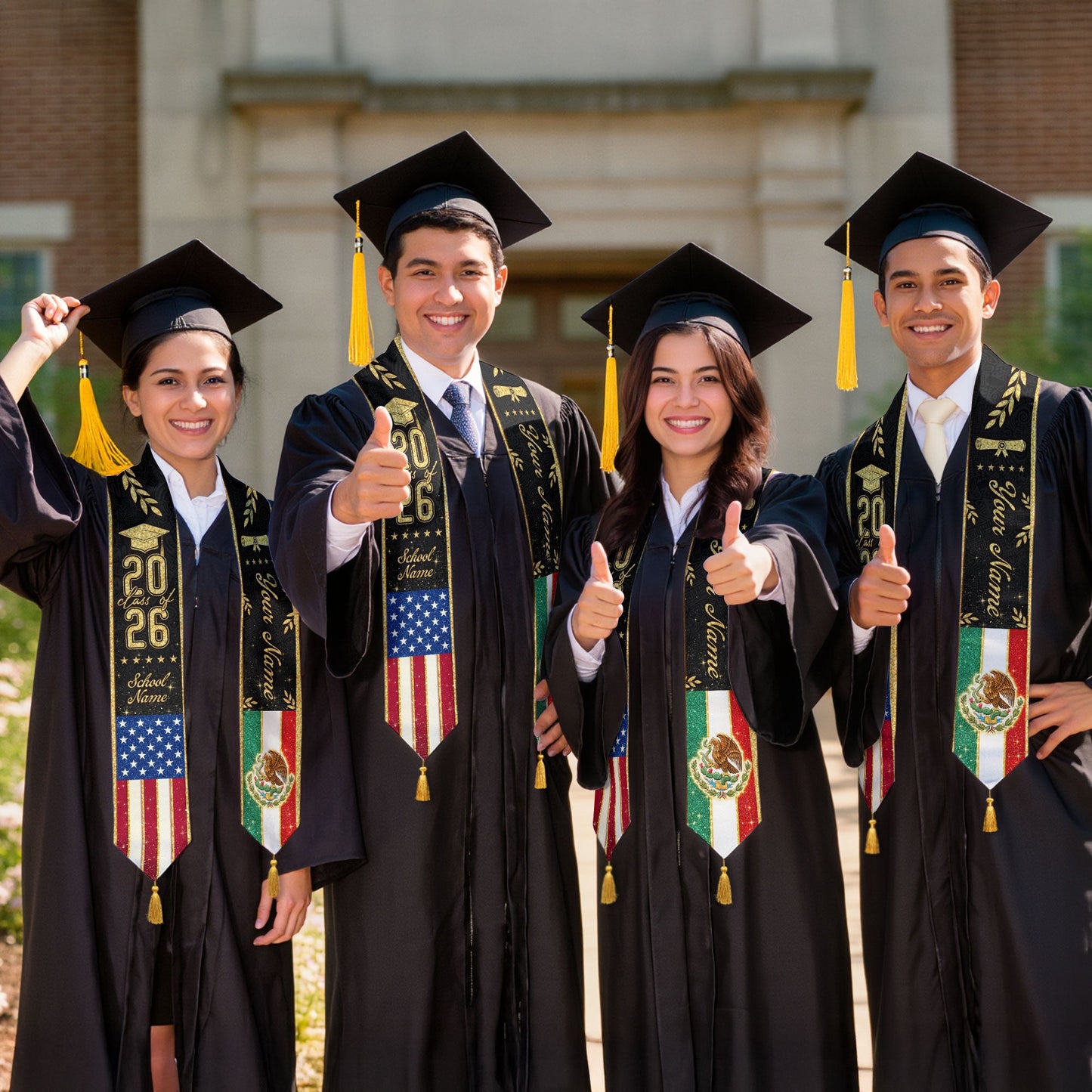 Personalized Mexico USA Golden Tassels Edition Class of 2026 Graduation Stole