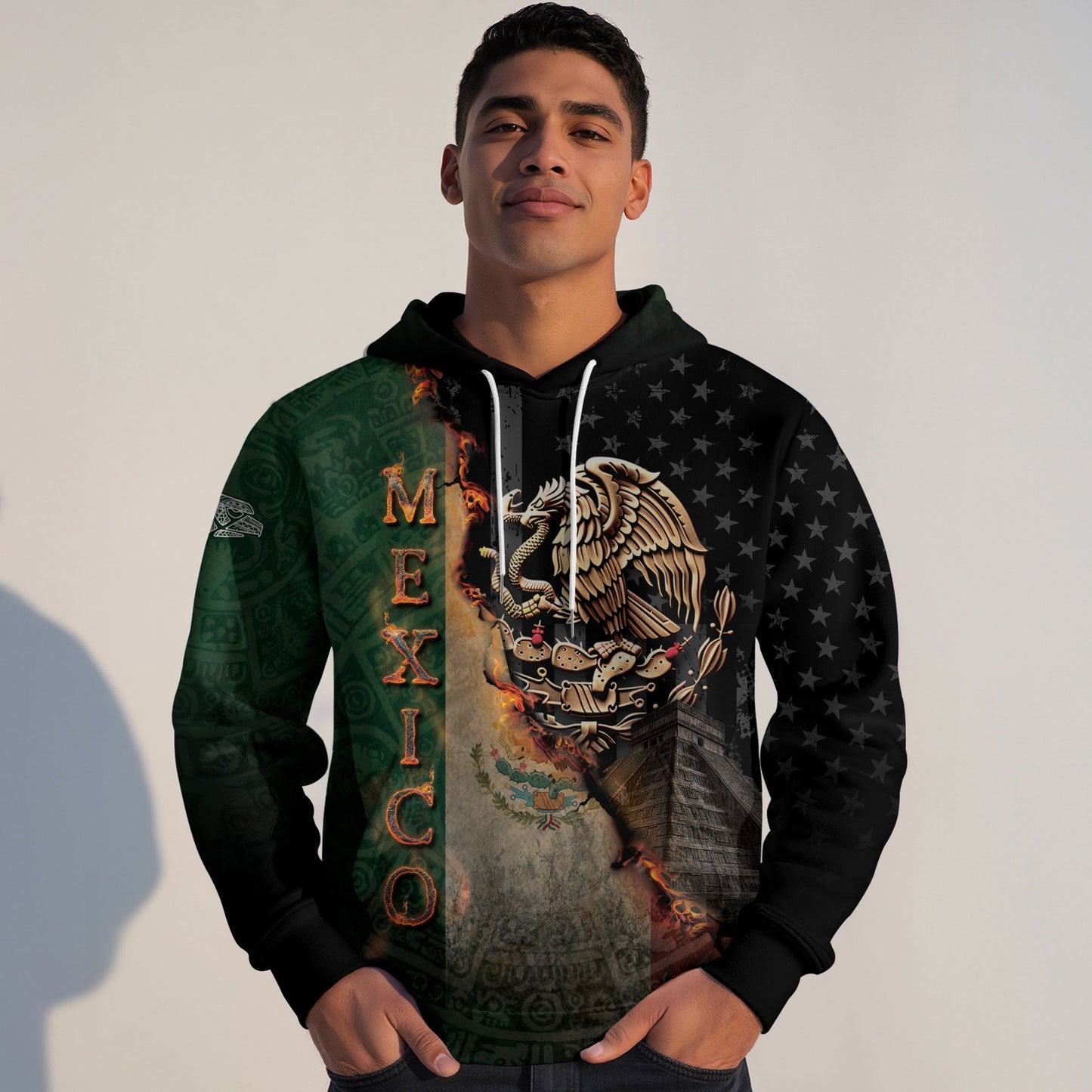 Mexico Flag Golden Eagle Fire Aztec Pyramid Heritage Power Warrior Hoodie