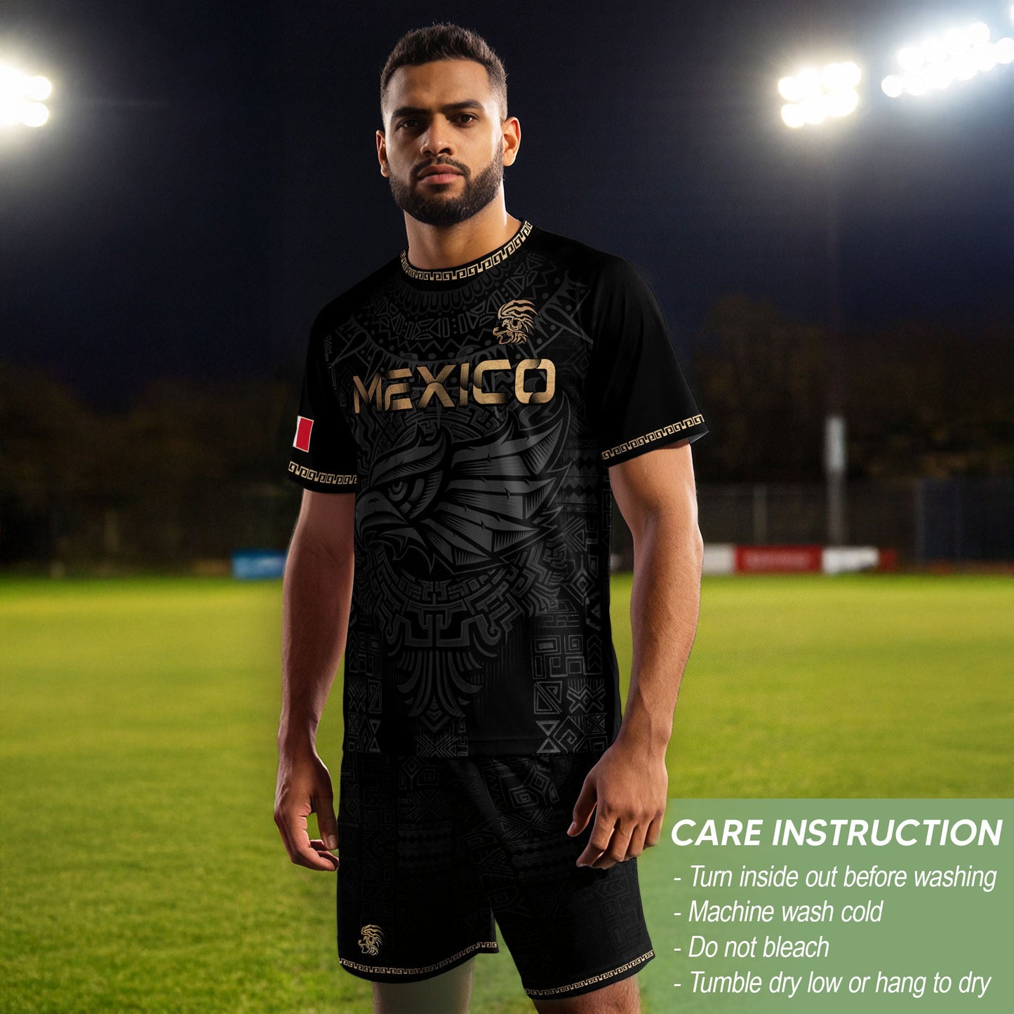 Mexico Heritage Orgullo Mexicano Black Gold Eagle Aztec Calendar Soccer Jersey