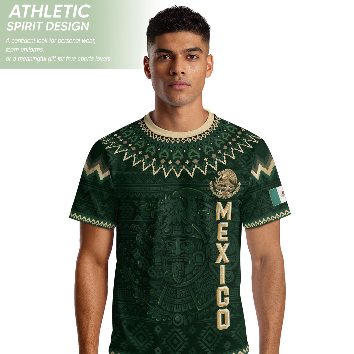 Mexico Heritage Soccer Jersey, Green Gold Aztec Calendar Design Sports Jersey for Men
