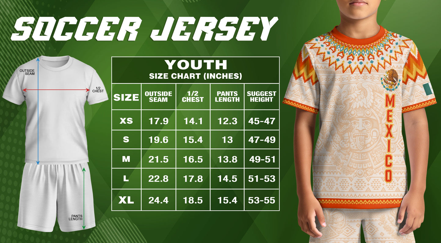 Beige Mexico Soccer Jersey Kids Set Aztec Calendar Mexican Youth Football Shirt Shorts