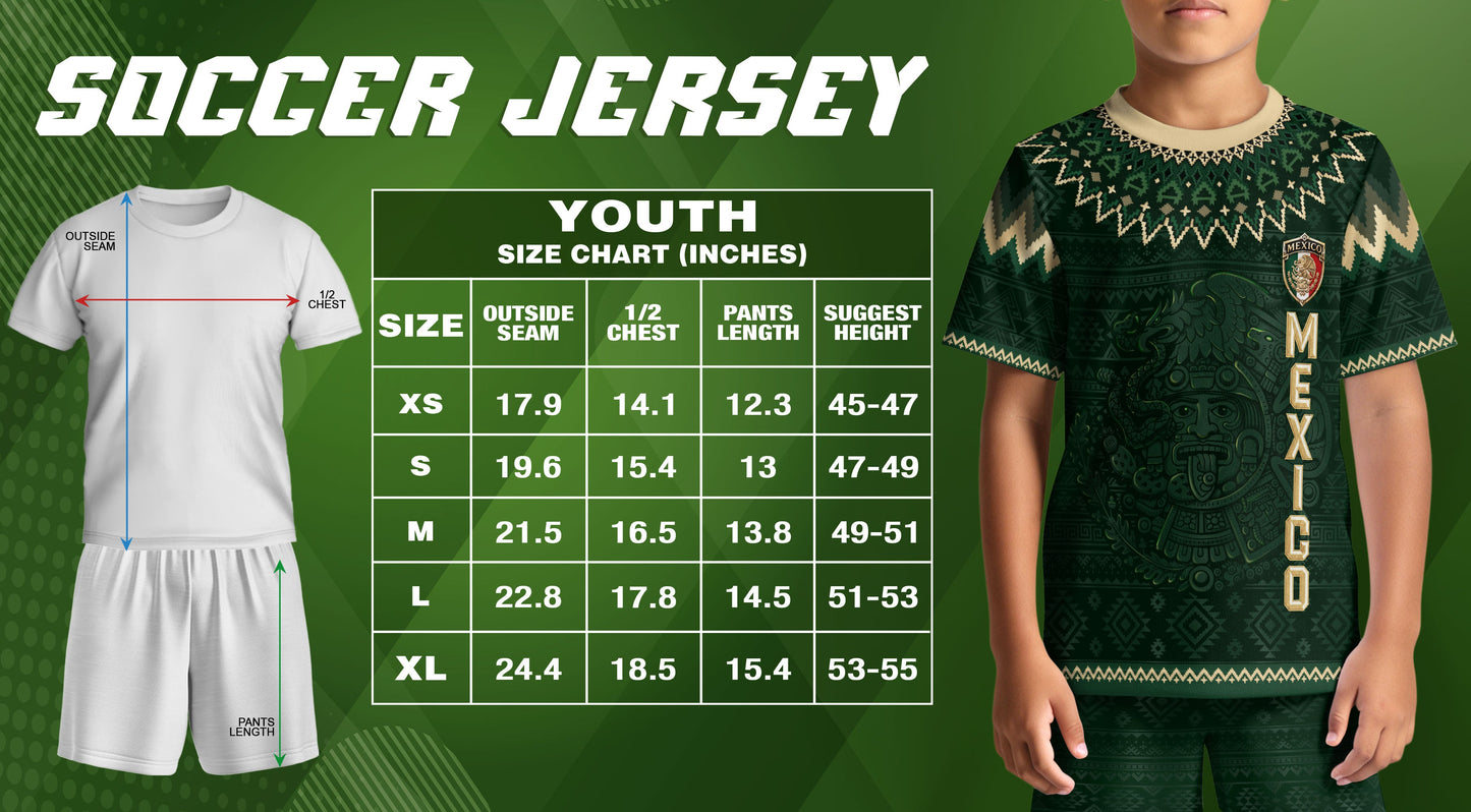 Mexico Soccer Jersey Kids Set Green Gold Aztec Calendar Youth Football Shirt Shorts