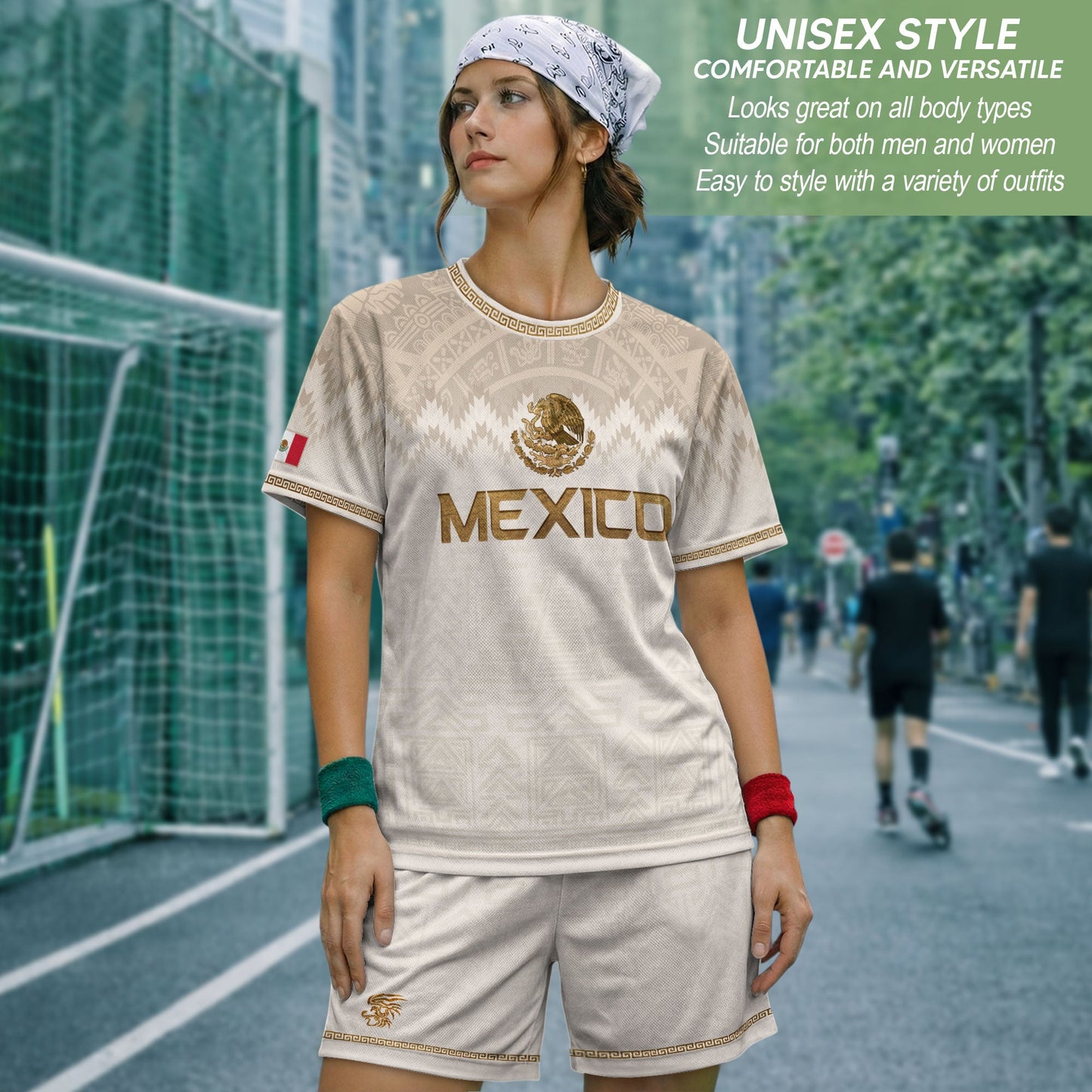 Mexico Heritage Orgullo Mexicano Beige Gold Aztec Pyramid Sun Stone Soccer Jersey