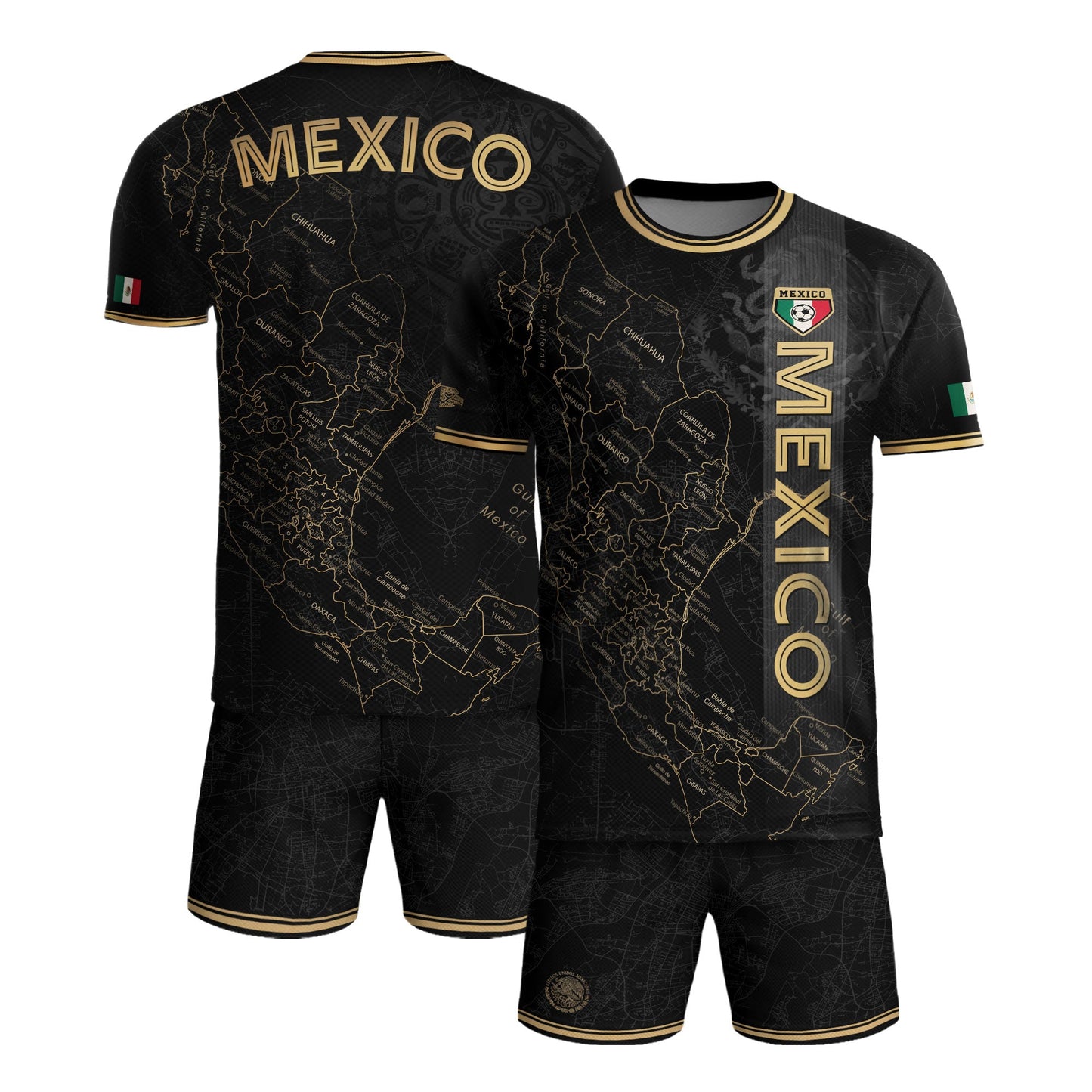 Mexico Black Heritage Map Soccer Jersey with Golden Aztec Accents