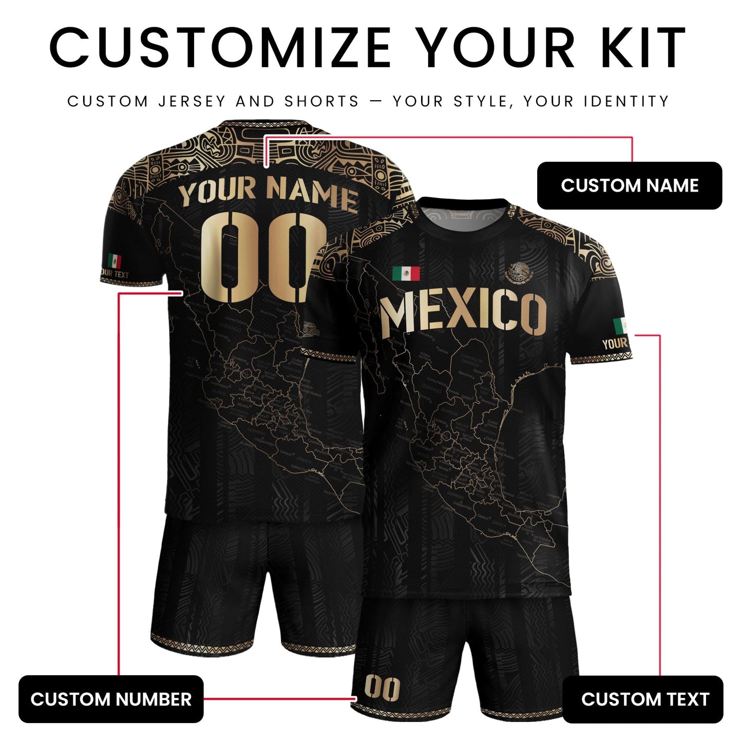 Custom Mexico Black Gold Soccer Jersey with Heritage Map and Aztec Details
