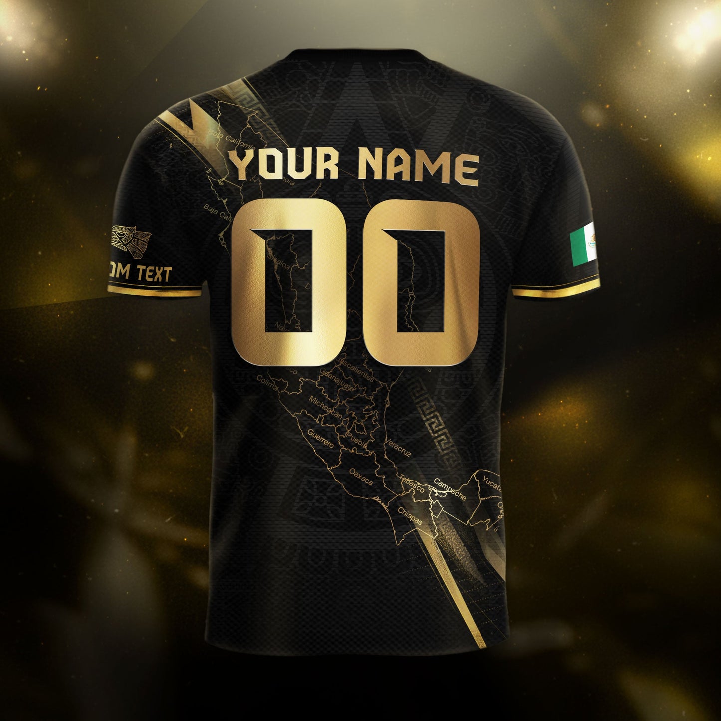 Custom Mexico Black Gold Soccer Jersey with Heritage Map Stripe Design