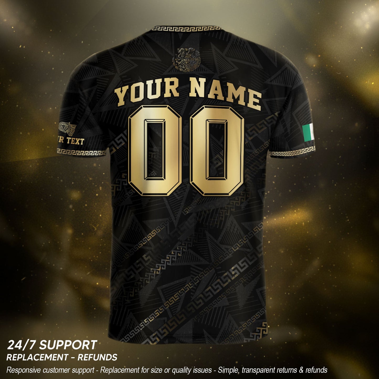 Custom Mexico Black Gold Eagle and Serpent Aztec Heritage Soccer Jersey