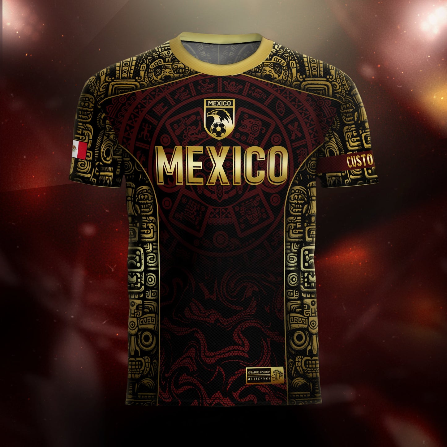 Custom Mexico Jersey Black Red Gold Aztec Calendar Design
