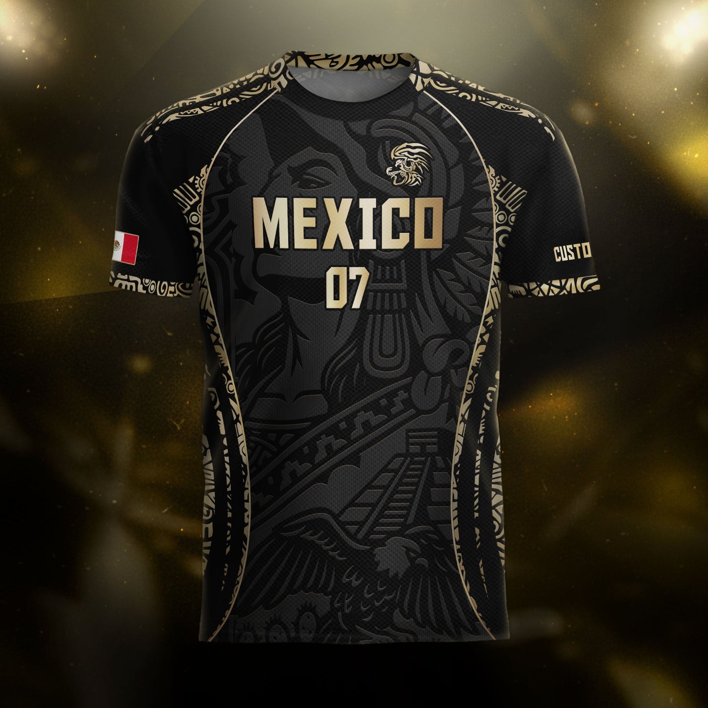 Custom Mexico Soccer Jersey Black Gold Aztec Eagle Pyramid Design