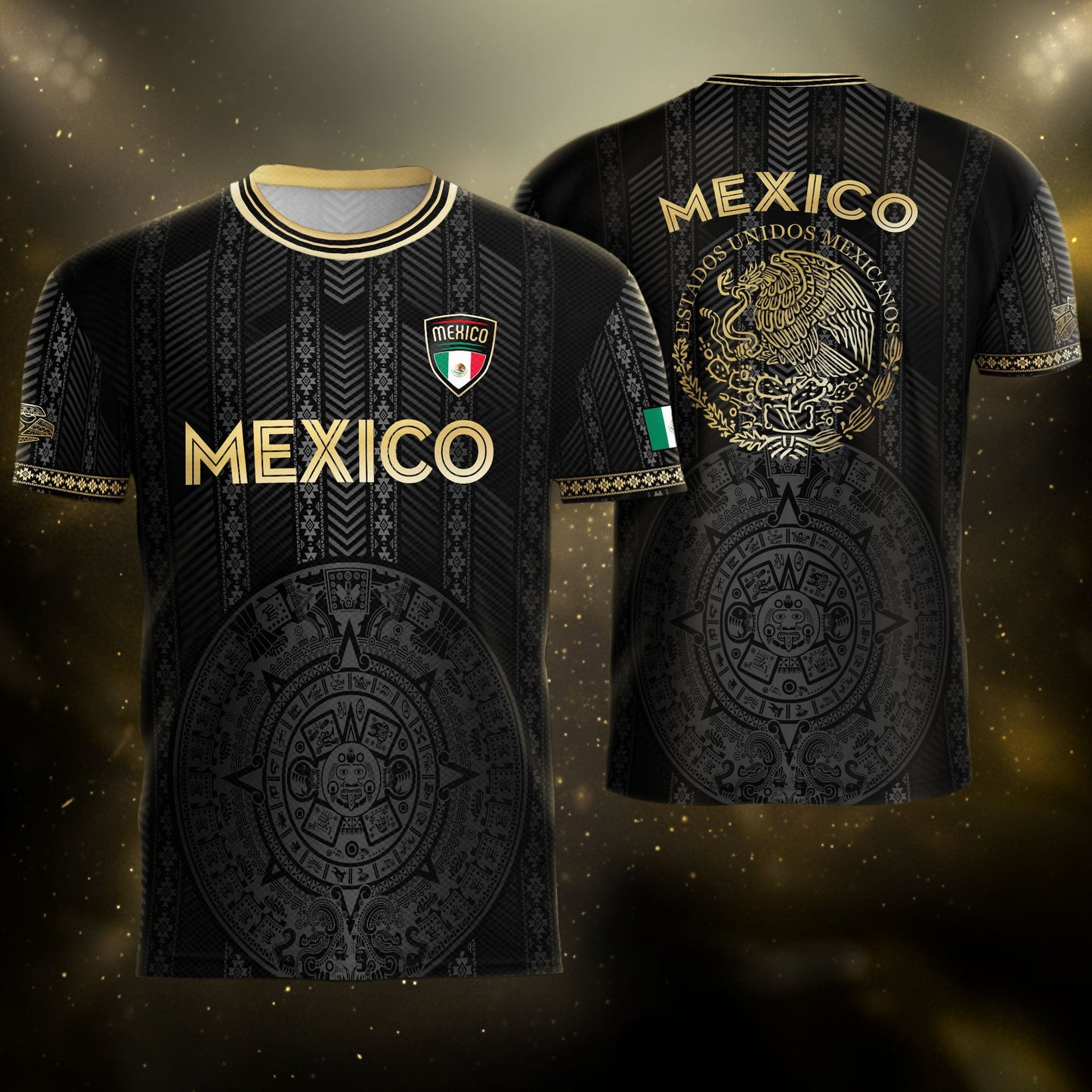 Mexico Soccer Jersey Black Gold Aztec Calendar Design