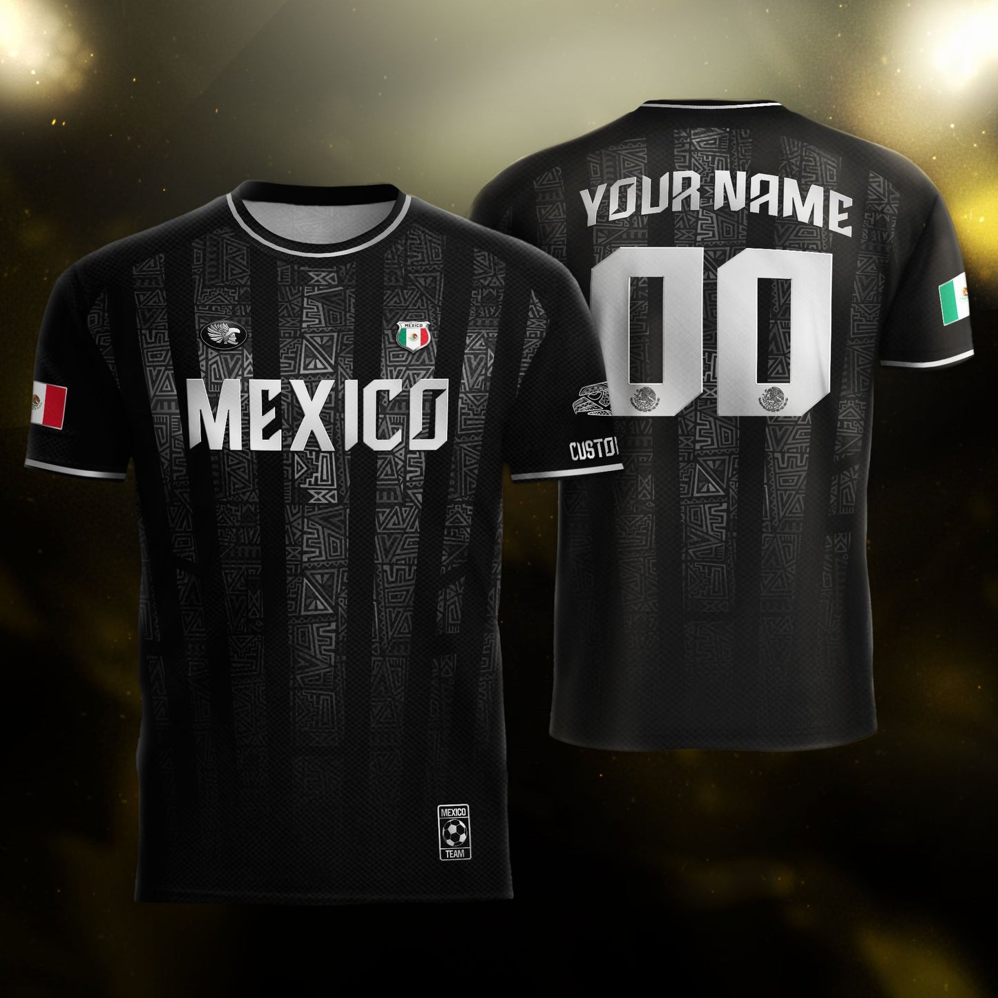Custom Mexico Black Silver Aztec Pattern Soccer Jersey