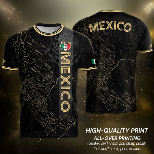 Mexico Black Heritage Map Soccer Jersey with Golden Aztec Accents