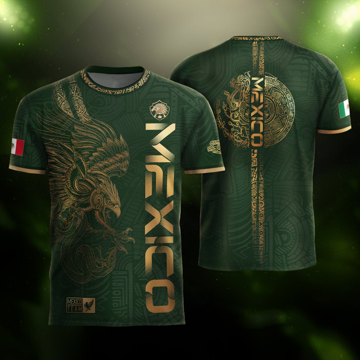 Mexico Aztec Heritage Soccer Jersey 3-Pack Bundle – Black Sunstone Map + Green Gold Eagle + Black Gold Eagle Crest