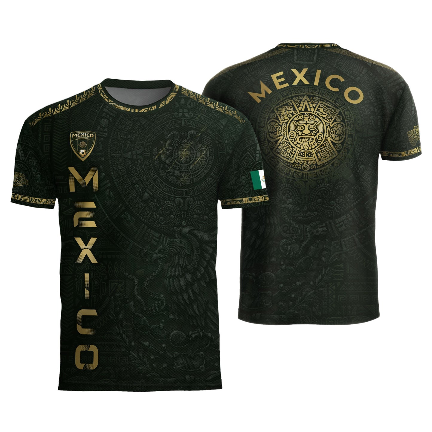 Mexico Dark Green Gold Aztec Calendar Sun God Heritage National Soccer Jersey