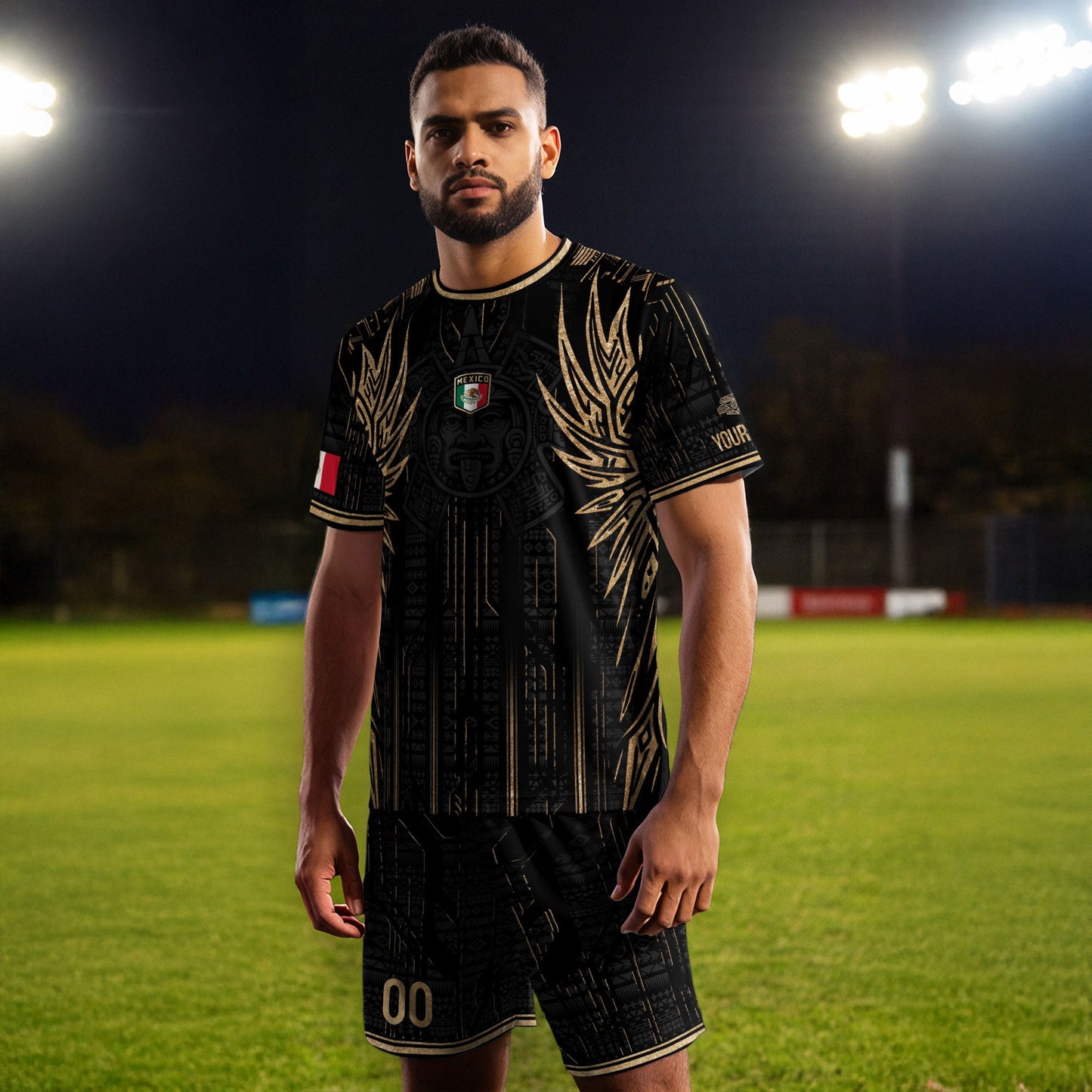 Custom Mexico Black Gold Aztec Warrior Wings Heritage Soccer Jersey