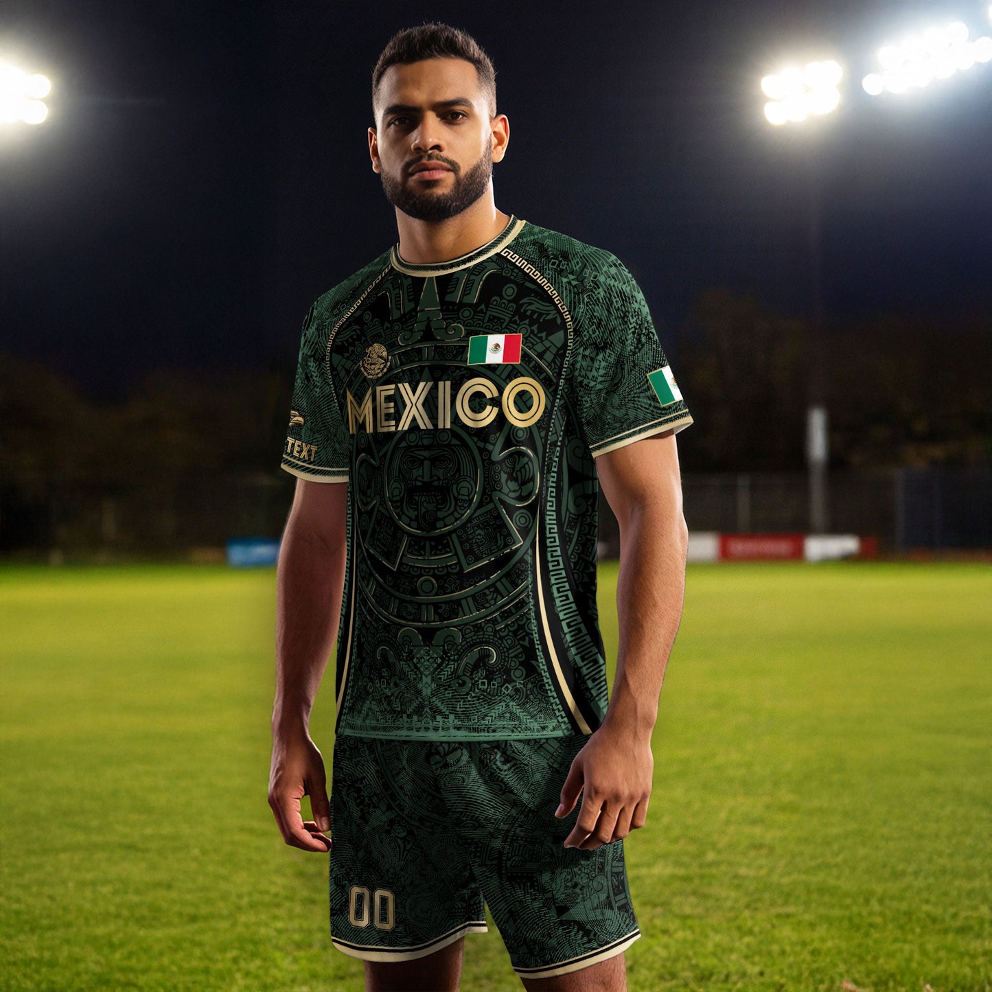 Custom Mexico Soccer Jersey Green Gold Aztec Calendar Heritage Design
