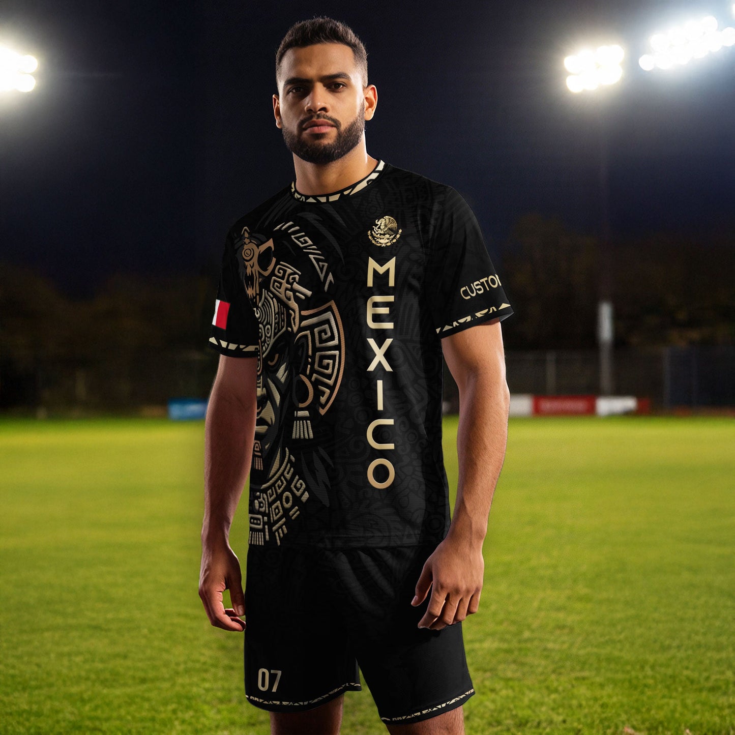 Custom Mexico Soccer Jersey Black Gold Aztec Warrior Face Design
