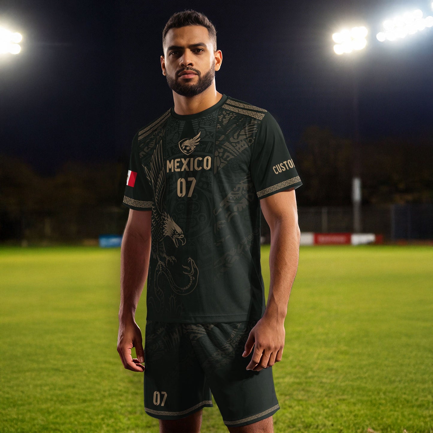 Custom Mexico Soccer Jersey Black Gold Eagle Design