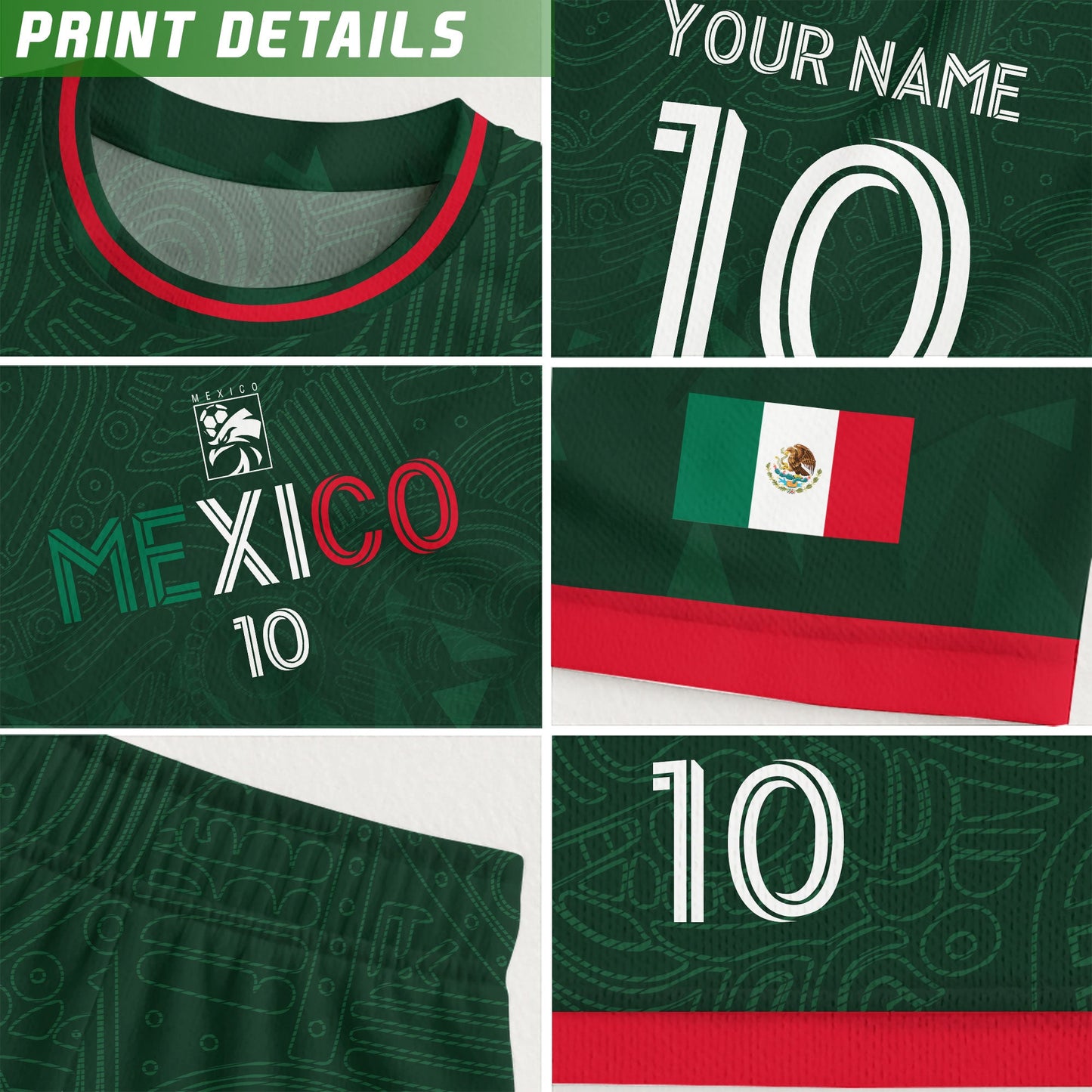 Custom Soccer Jersey Mexico Green Geometric Aztec Design